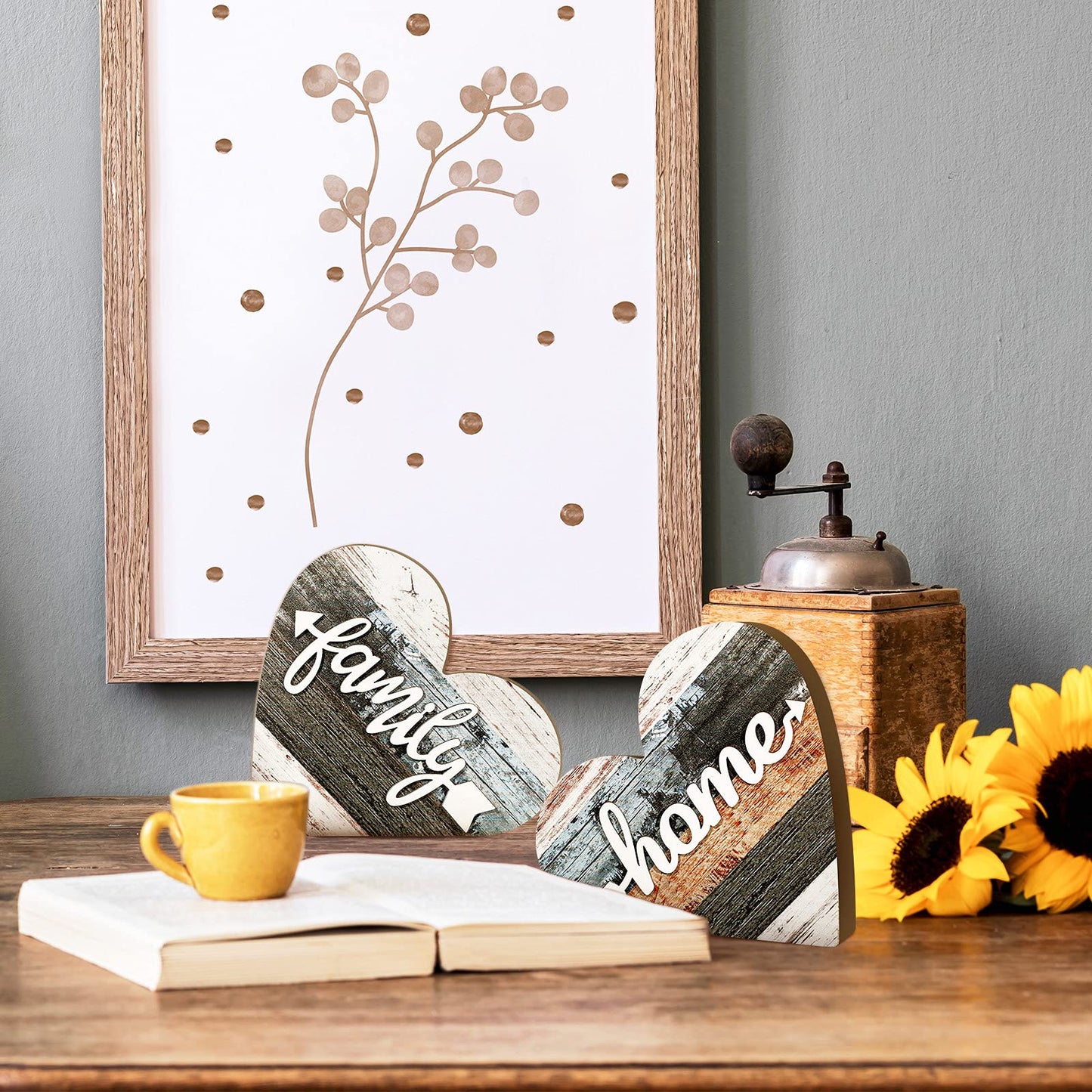 Jetec 2 Pcs Rustic Wooden Heart Table Decor, Daisy Farmhouse Home Decor, Bless This Home & Be Kind Sign for Living Room, Dining Room, Shelf & Mantel, Ideal Housewarming & Birthday Gift(Simple Style)