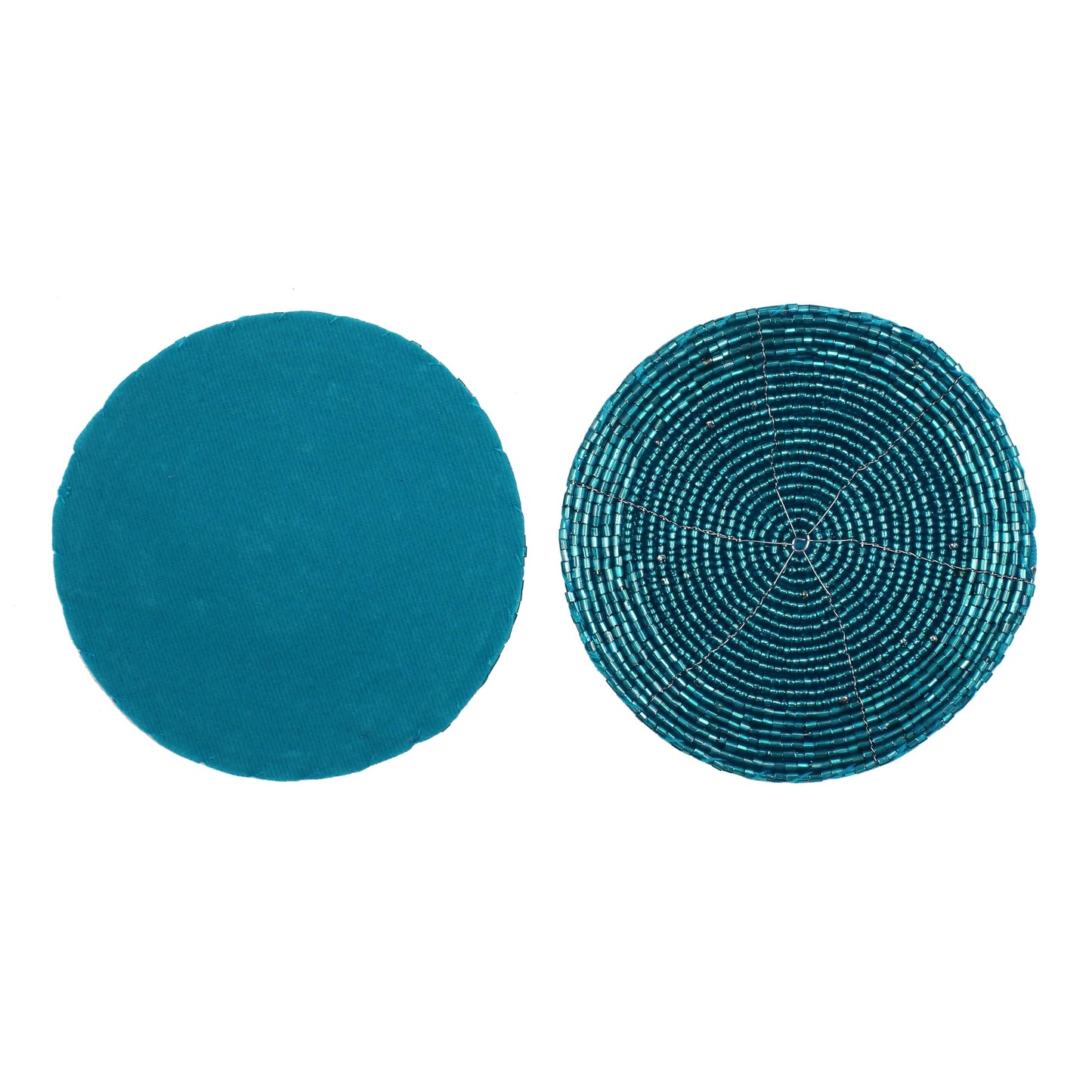 Handmade Beaded Coasters Set of 6, Teal Blue Circular Pattern Decorative Drink Coasters for Coffee Table, Dining Room Table, Wedding Party, Birthday Gift - 4 Inch - Teal