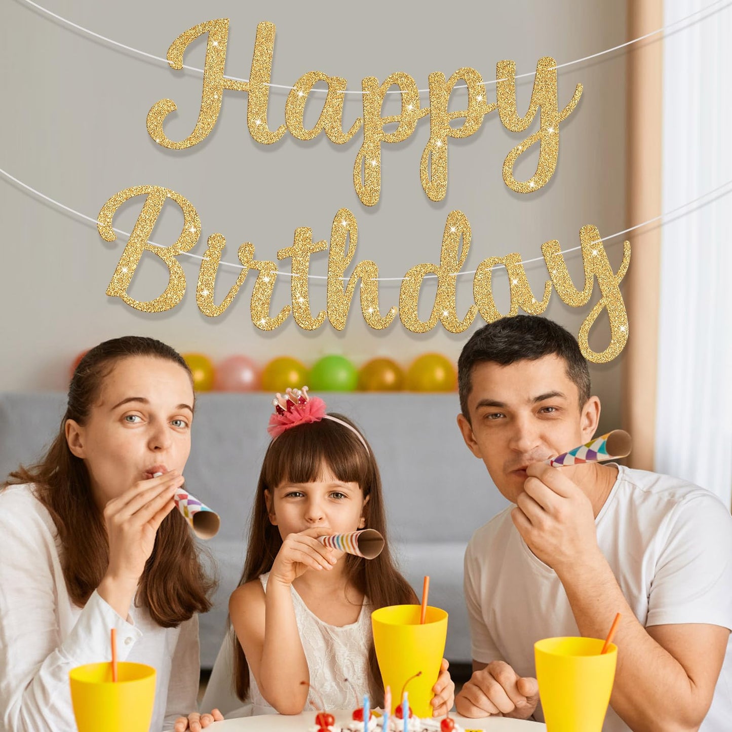 JHZMCRX Glitter Happy Birthday Banner Sign Birthday Garland Wall Door Banners Flag for Women Men Boys Girls Party Backdrop Decorations Gold