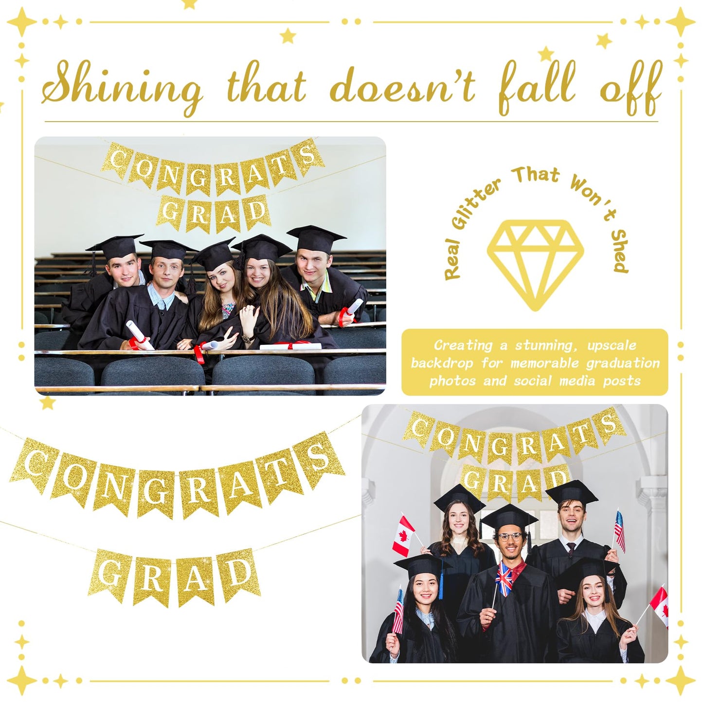 Pre-Strung Congrats Grad Banner - Glitter Graduation Party Decorations 2026, Large No DIY Class of 2026 Sign for High School College Masters Nursing Party Supplies, Sturdy Swallowtail Bunting (Golden )