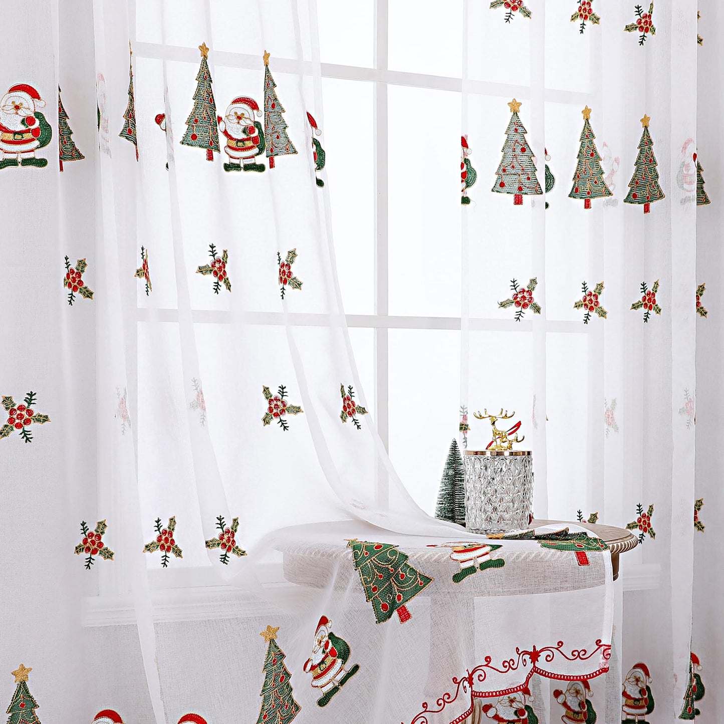 BROSHAN Red Embroidered Sheer Christmas Window Curtains 84 inches Long for Living Room- Xmas Tree Santa Patterned White Drapes 2 Panels Set for Winter Holiday Bedroom Dining Room Decor,Gold Green
