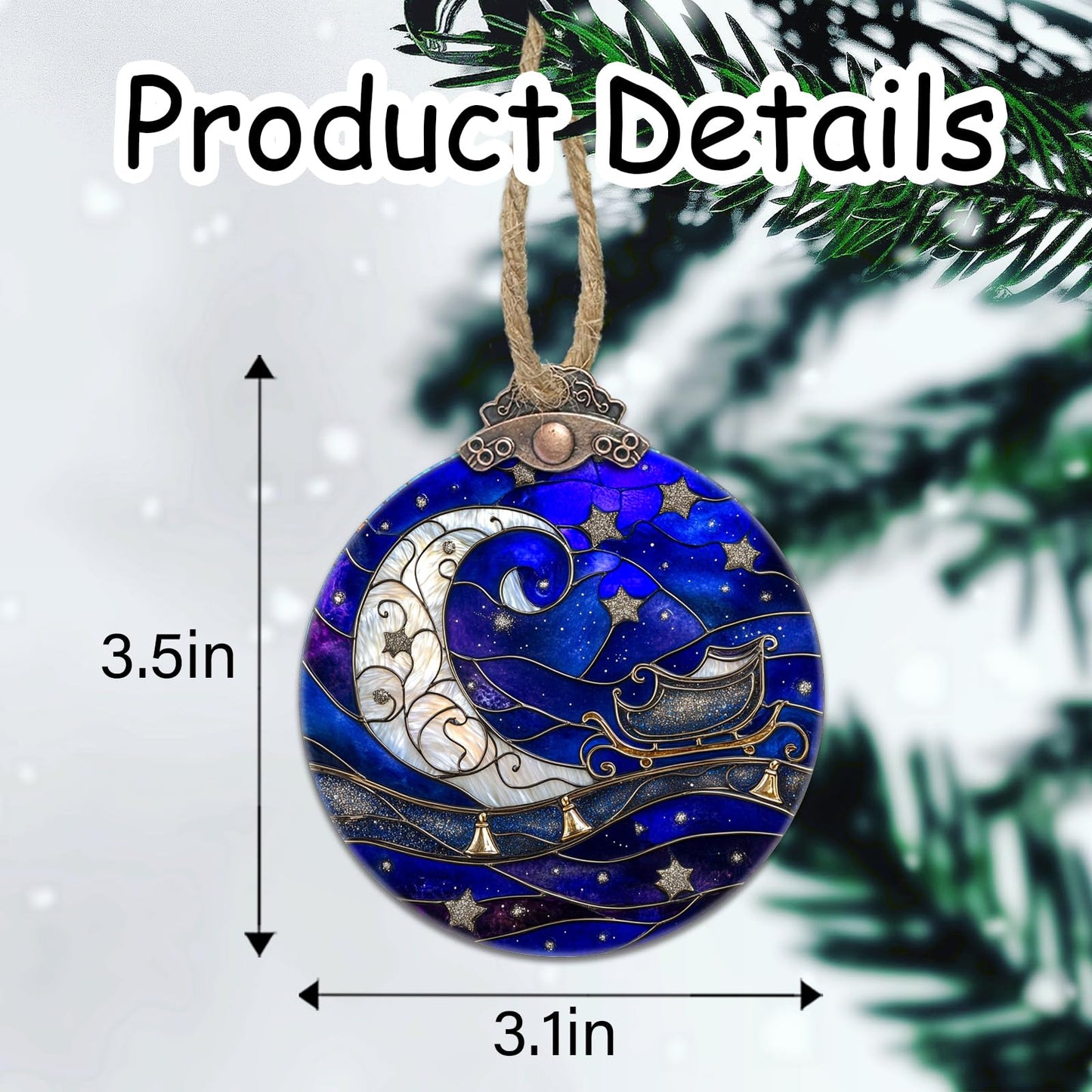 CRISGIF Stained Glass Christmas Decorations, Blue Starry Sky Silver Moon Suncatcher for Window Christmas Tree Hanging Ornaments Bell Sun Catcher Xmas Decor Gifts for Women Men Mom Nana Friend