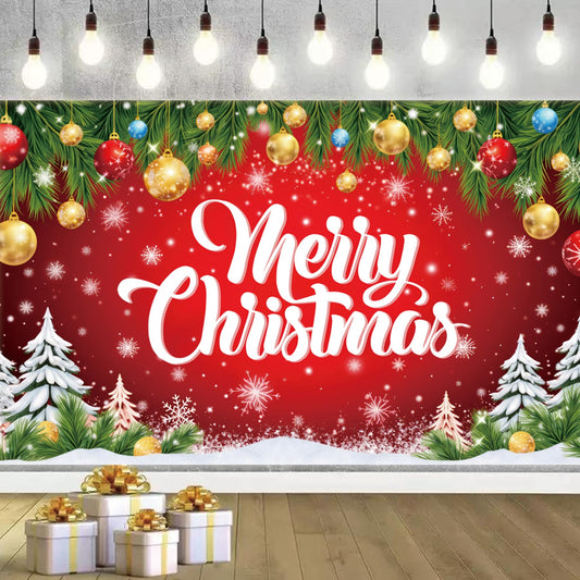 Merry Christmas Banner 71 x 43 Inch Decoration – Large Red Christmas Photography Background Backdrop for Indoor Outdoor Xmas Party Decorations, Fireplace, Wall, and Photo Booth