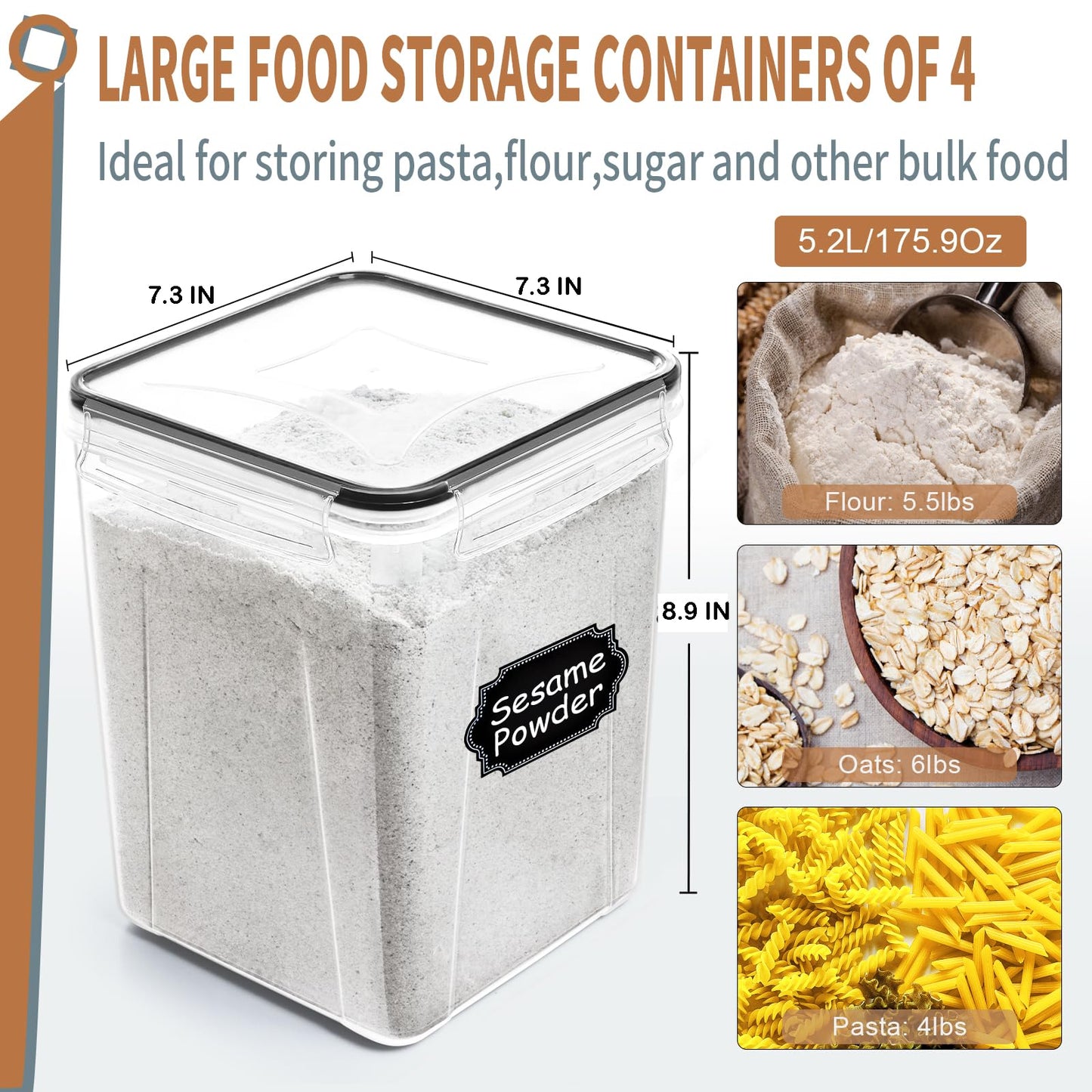 PRAKI Large Airtight Food Storage Containers 5.2L / 195oz, 4pcs Pantry Kitchen Organizers and Storage for Flour, Sugar, Baking Supplies, BPA Free, Plastic Flour Containers with 20 Labels & Maker