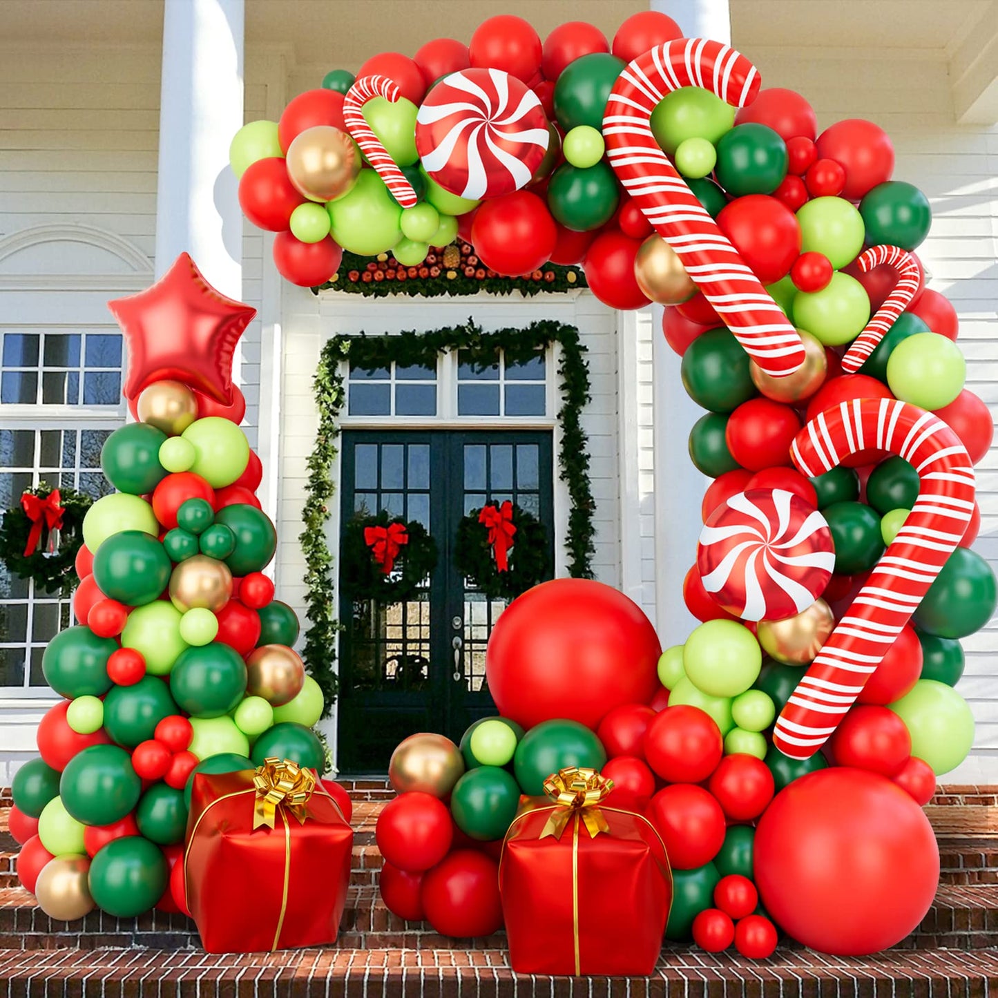 Bonropin Christmas Balloon Garland Arch kit with Xmas Red Gold Dark Green Balloon Fresh Green Balloon and Candy Balloons Gift Box Balloons Red Star Balloons Rich for Christmas Party Decorations