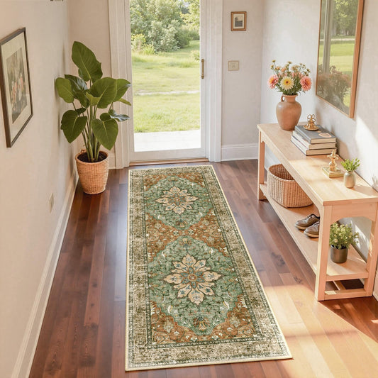 RELEANY Area Rugs 2'x6' Runner Rug Non Slip Washable for Kitchen Hallway Bedroom Beside Laundry Room Bathroom Rug, Floor Carpet, Brick Red Rust Neutral Brown Burnt Orange Green