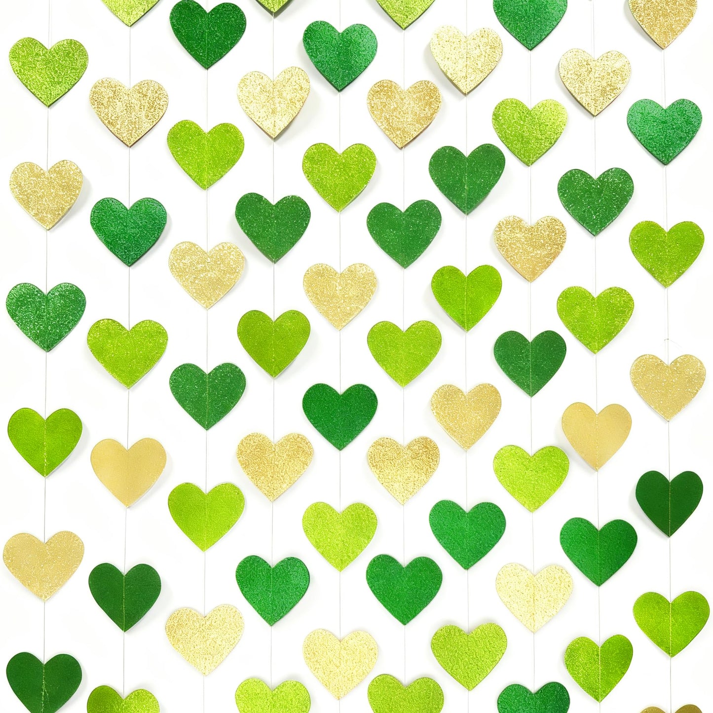Gold and Green Heart Party Decorations Glitter Paper Love Heart Hanging Banner Streamer Garland for Birthday Wedding Valentines Day Spring Master Golf St Patrick's Day Christmas Holiday Party Supplies