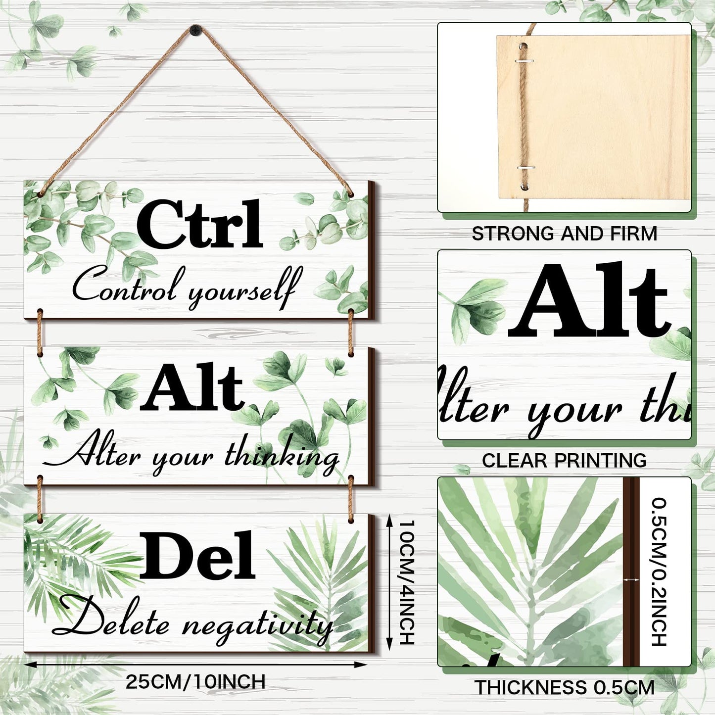 Qunclay 3 Pcs Office Wall Decor Green Leaves Wood Rustic Hanging Cubicle Decor Summer Inspirational Ctrl Alt Del Sign Decoration for Bathroom Indoor Home Living Room