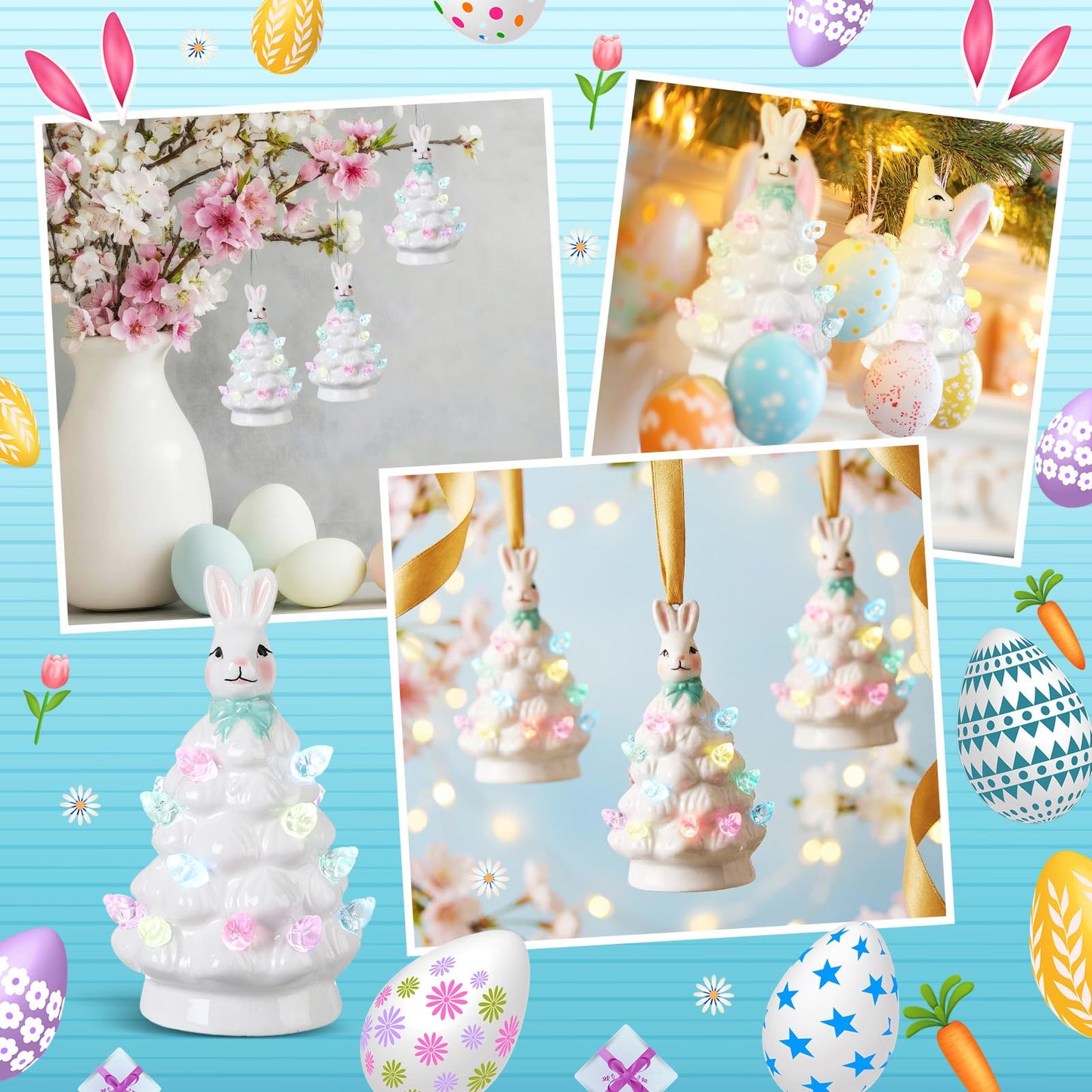 Leinuosen 6 Set Mini 4 Inch Easter Bunny Ceramic Tabletop Tree with LED Lights Easter Bunny Hanging Light up Hanging Ornaments Pre Lit Hand Painted for Table Home Office Holiday Decorations