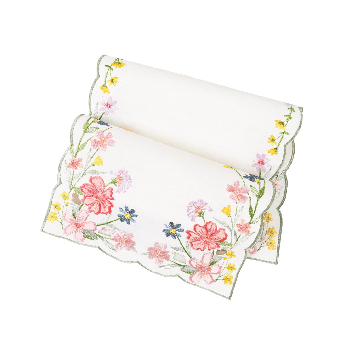 Chlophy Spring Table Runner Embroidered Wildflower Scalloped Small Floral Table Runner Farmhouse Short Flower Runner for Coffee Table Dining Decoration 36 inch Beige