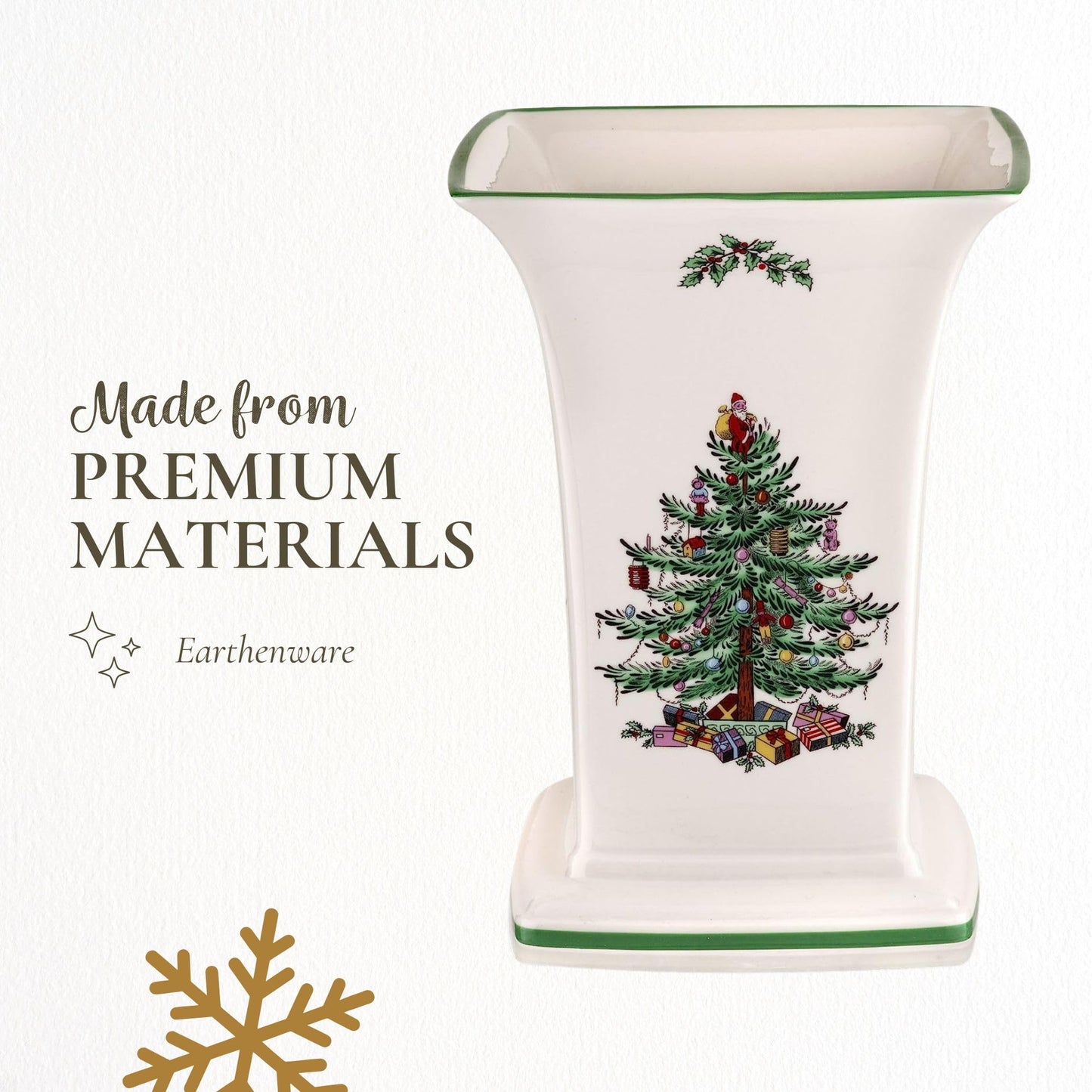 Spode Christmas Tree Square Vase, 8-Inch Festive Vase for Flowers & Holiday Decor - Fine Earthenware Centerpiece for Christmas Table, Mantle, Seasonal Floral Arrangements, Dishwasher Safe
