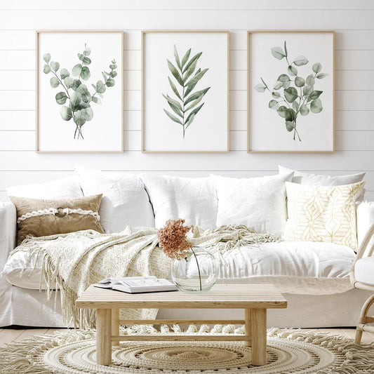 JarThenaAMCS 3Pcs Eucalyptus Leaves Wall Art Prints Watercolor Green Plants Art Poster Minimalist Botanical Boho Room Decor for Home Kitchen Living Room (UNFRAMED 11 x 14in)