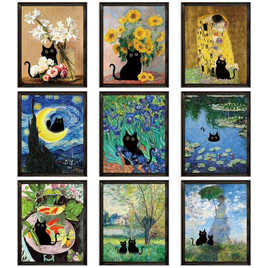 Dazoratix Cat Wall Art Decor - 9 Pcs Funny Black Cats Famous Paintings Posters Prints Vintage Gallery Wall Poster Cute Animal Aesthetic Artcat Collage Pictures for Living Room Bedroom Home (Unframed)