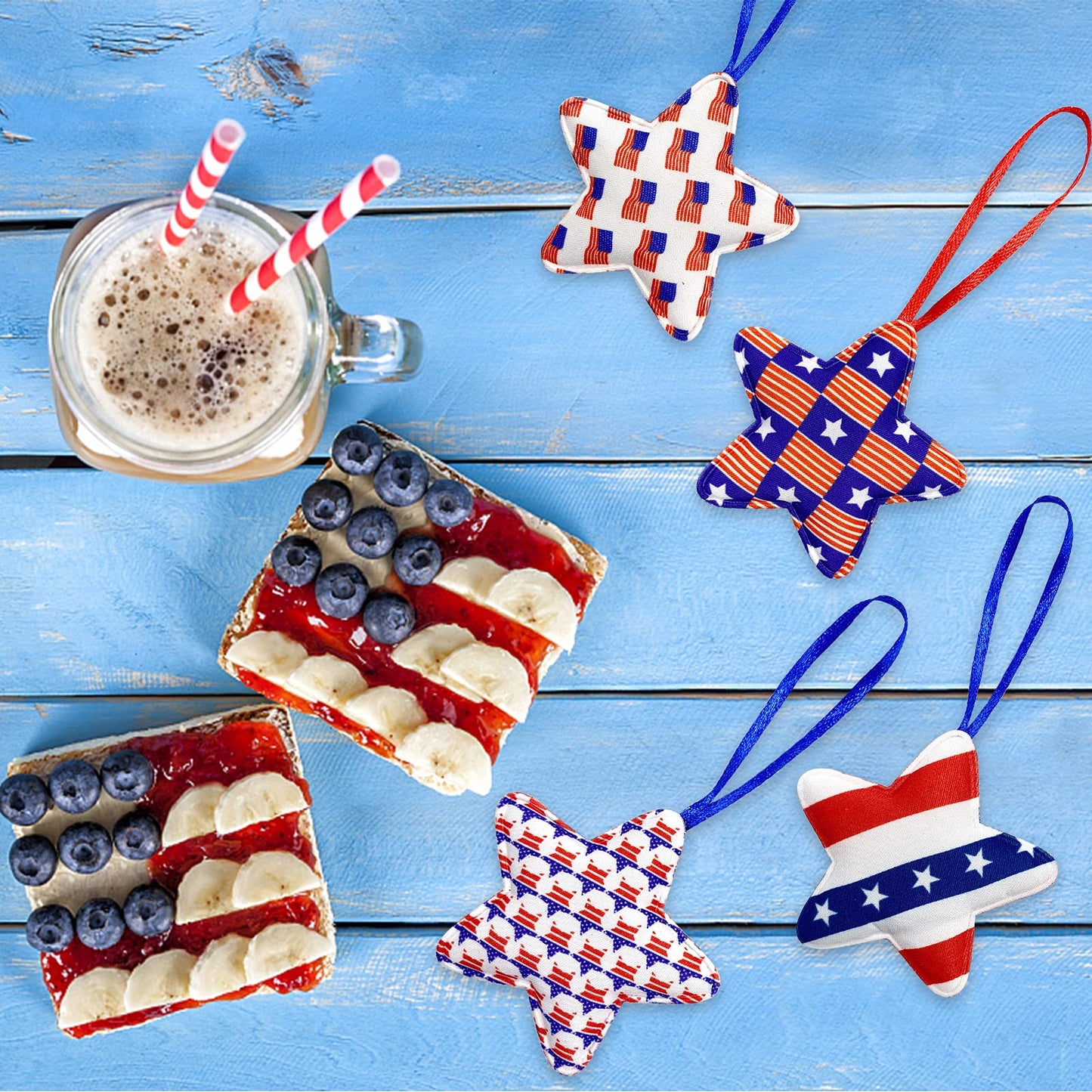 Deloky 30 Pcs 4th of July Decoration Fabric Wrapped Stars, 3.5 x 6.1 Inch Patriotic Ornaments Red White and Blue Stars, Memorial Day Tree Decorations for Independence Day Veterans Day Decor