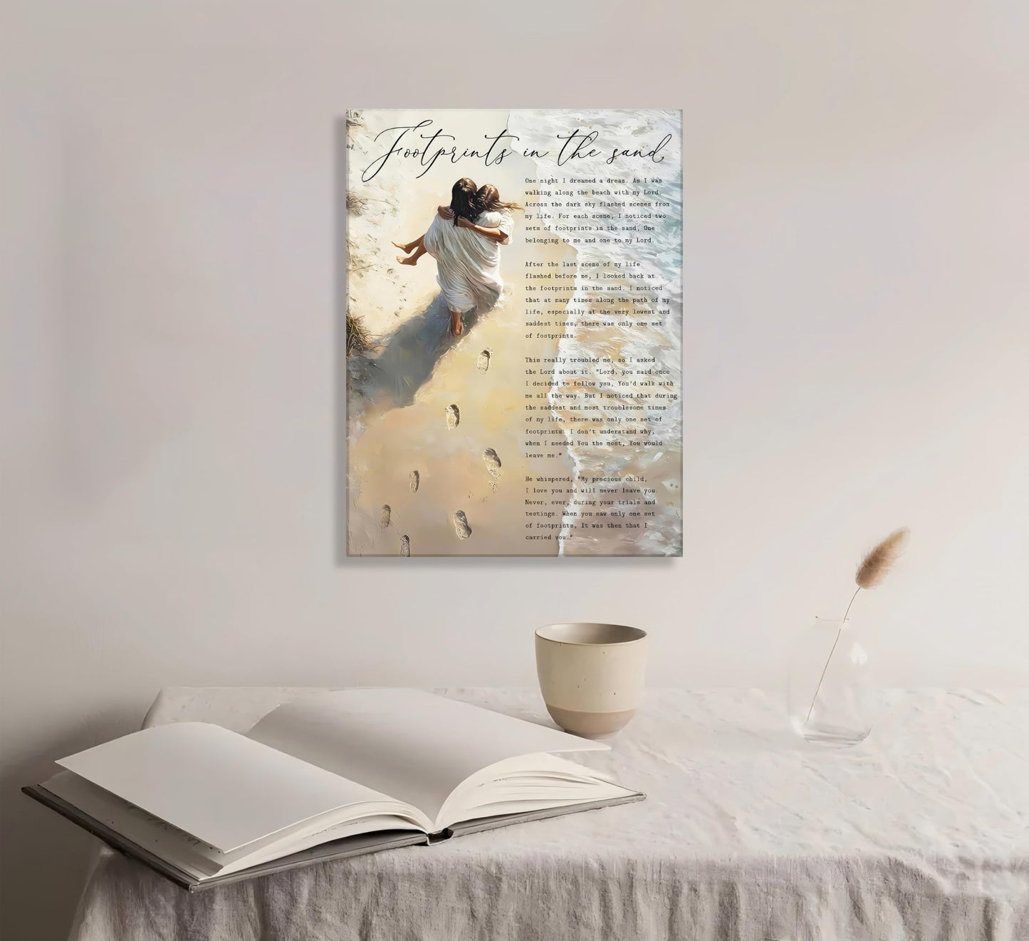 Footprints in the Sand Canvas Wall Art Chrisitan Inspirational Painting Picture Jesus Hugging Woman on Beach Poster Prints for Christian Women Living Room Bedroom Wall Decor 12x16in Framed