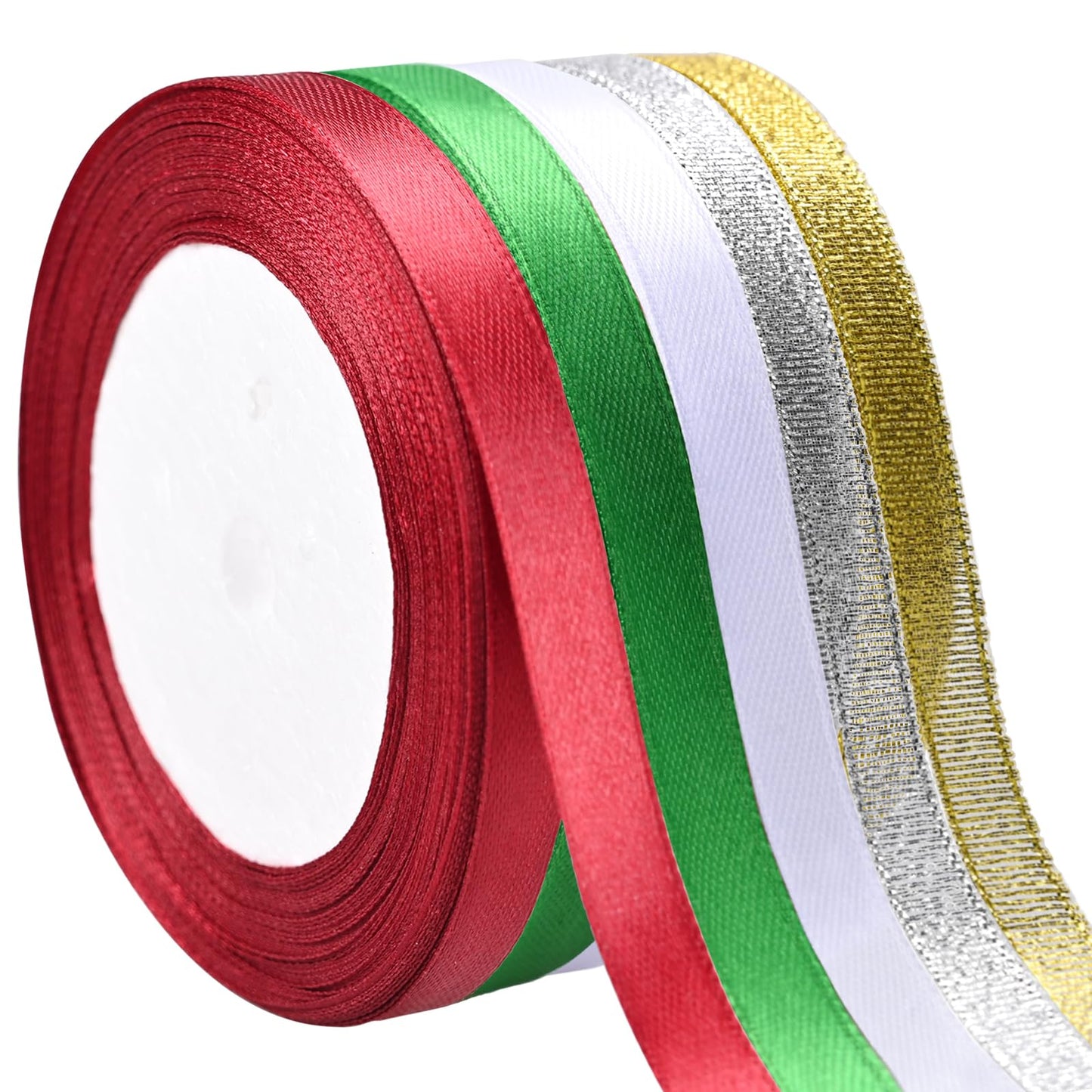 Showin 5 Rolls 125 Yards Christmas Ribbons, 10mm Wide Metallic Glitter Fabric Holiday Festival Satin Ribbons for Christmas Gift Wrapping Decoration