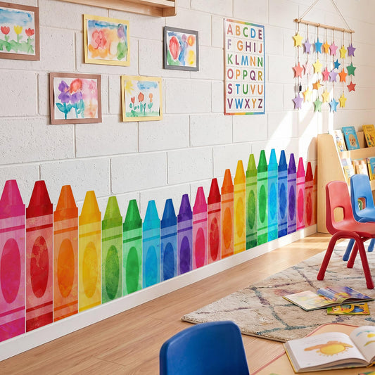 Gilprop 9.8 ft Watercolor Crayon Classroom Wall Decor Fabric Preschool Kindergarten Graduation Cuttable Rainbow Crayon Classroom Decoration Backdrop with Adhesive Dots for Daycare End of The Year