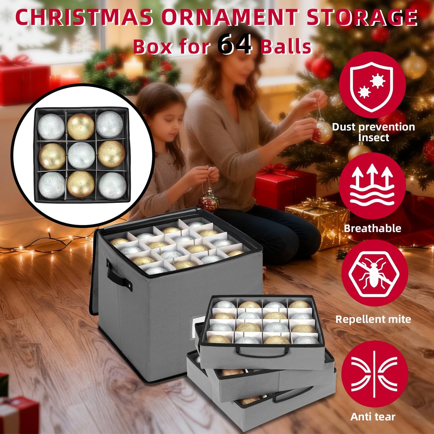 DIMESHY Christmas Ornament Storage Box With Adjustable Dividers,Ornament Storage Container With 4 Removable Trays for 64 Holiday Decorations,Gray