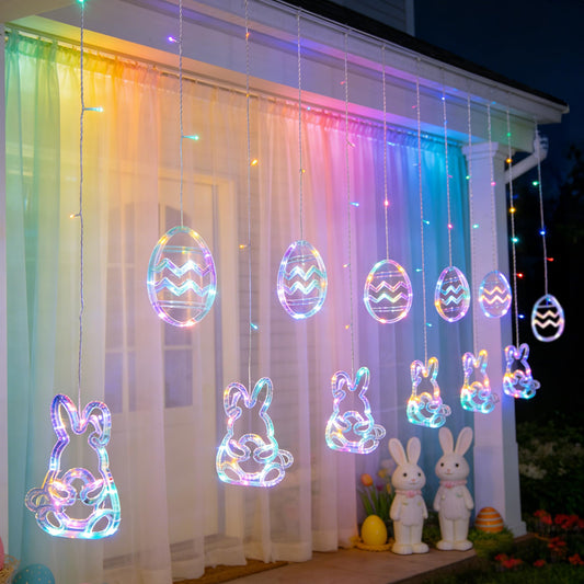 Dazzle Bright Easter Lights, 222LED 9FT Pastel Rabbit and Eggs Curtain String Lights with 8 Modes, Plug in Easter Decorations for Indoor Window Outdoor Party Decor (Pastel)