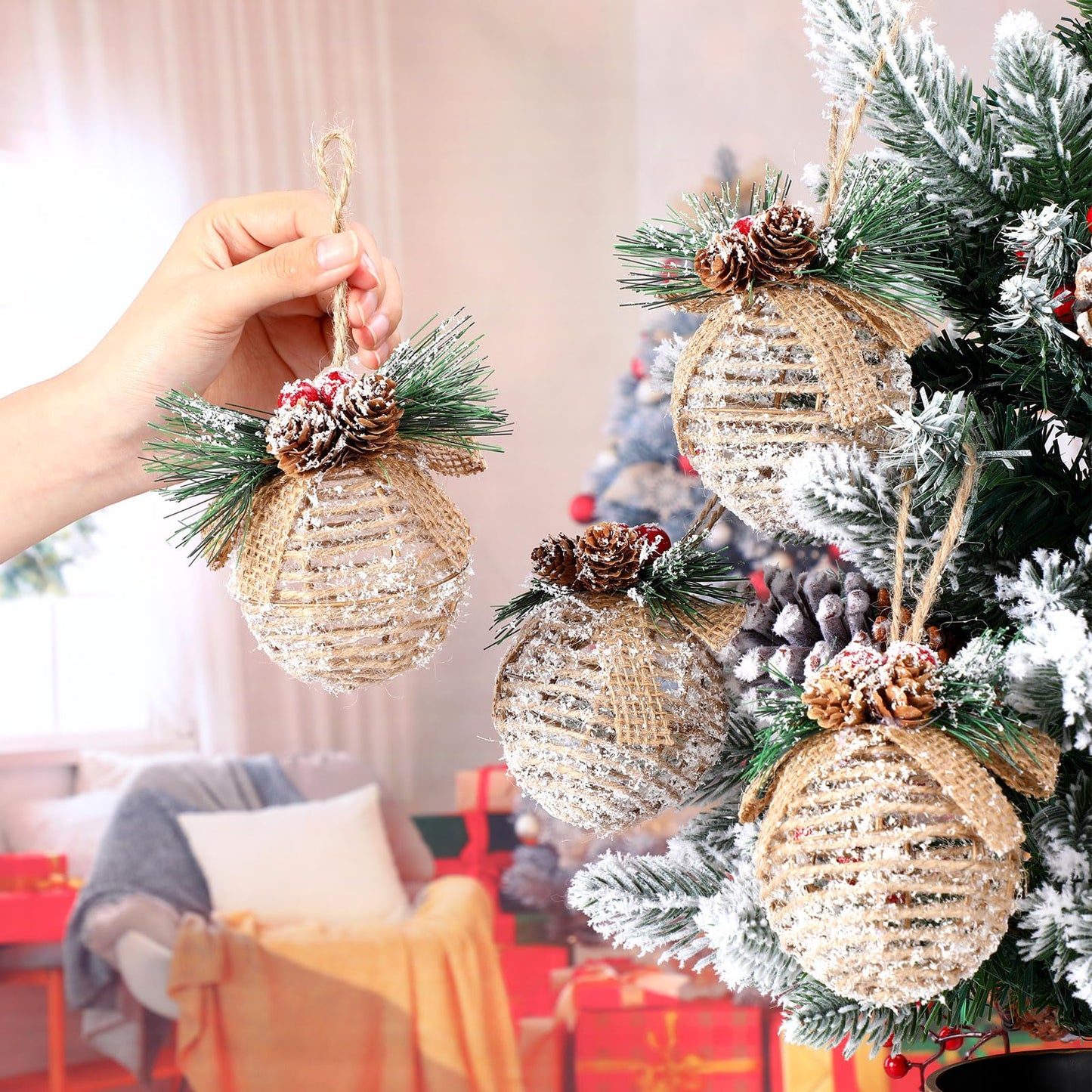 Gemscream 4 Pcs Farmhouse Christmas Ball Ornaments 3.15 Inch Rustic Boho Xmas Tree Hanging Decor with Pine Cones, Pine Needles, Berries and Burlap Bows Linen Shatterproof for Holiday Home Party Decor