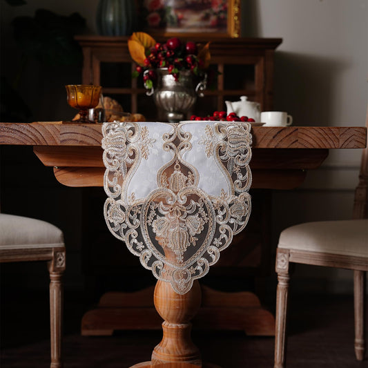 Artbloss Elegant Embroidered Lace Table Runner with Ornate Gold Floral Design Sheer Decorative Runner for Dining Table Wedding Reception Holiday Decor (Champagne Gold, 12“ x 124")