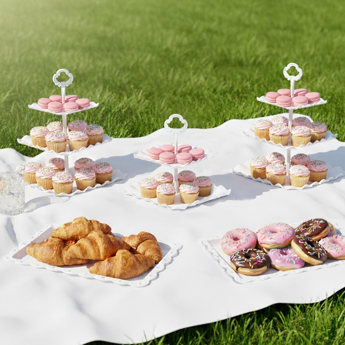 NWK 5 Piece Cake Stand Set with 2 x 3-Tier Cupcake Stands, 1 x2-Tier Cupcake Stands, 2 x Appetizer Trays, for Wedding Birthday Baby Shower Tea Party Decorations (White)