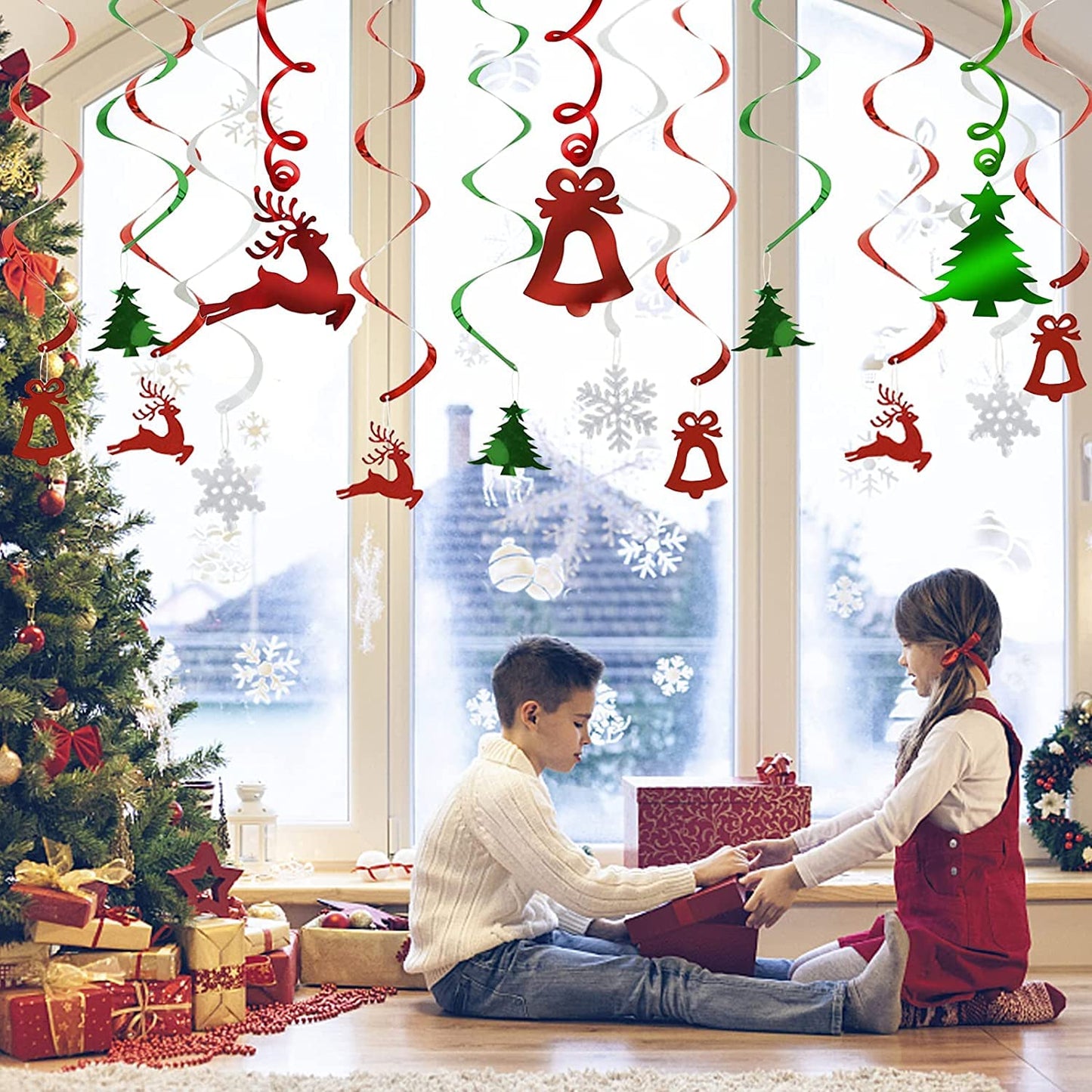 Christmas Party Decorations Foil Hanging Ceiling Swirls (30Pcs Fully-Assembled) Christmas Reindeer Bell Christmas Tree Snowflake Swirls for Porch Home House Bar, Xmas Holiday Supplies Decorations