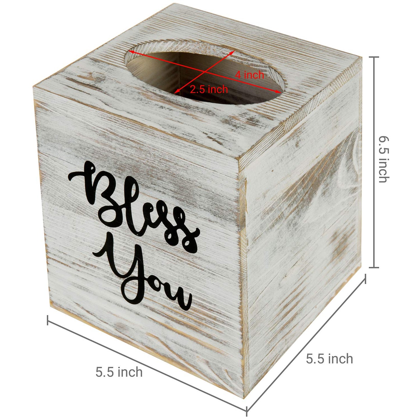 MyGift White Washed Solid Wood Square Tissue Box Cover Holder Decorative Tissue Dispenser Bath Decor with Bless You Design and Easy Refill Slide Out Bottom