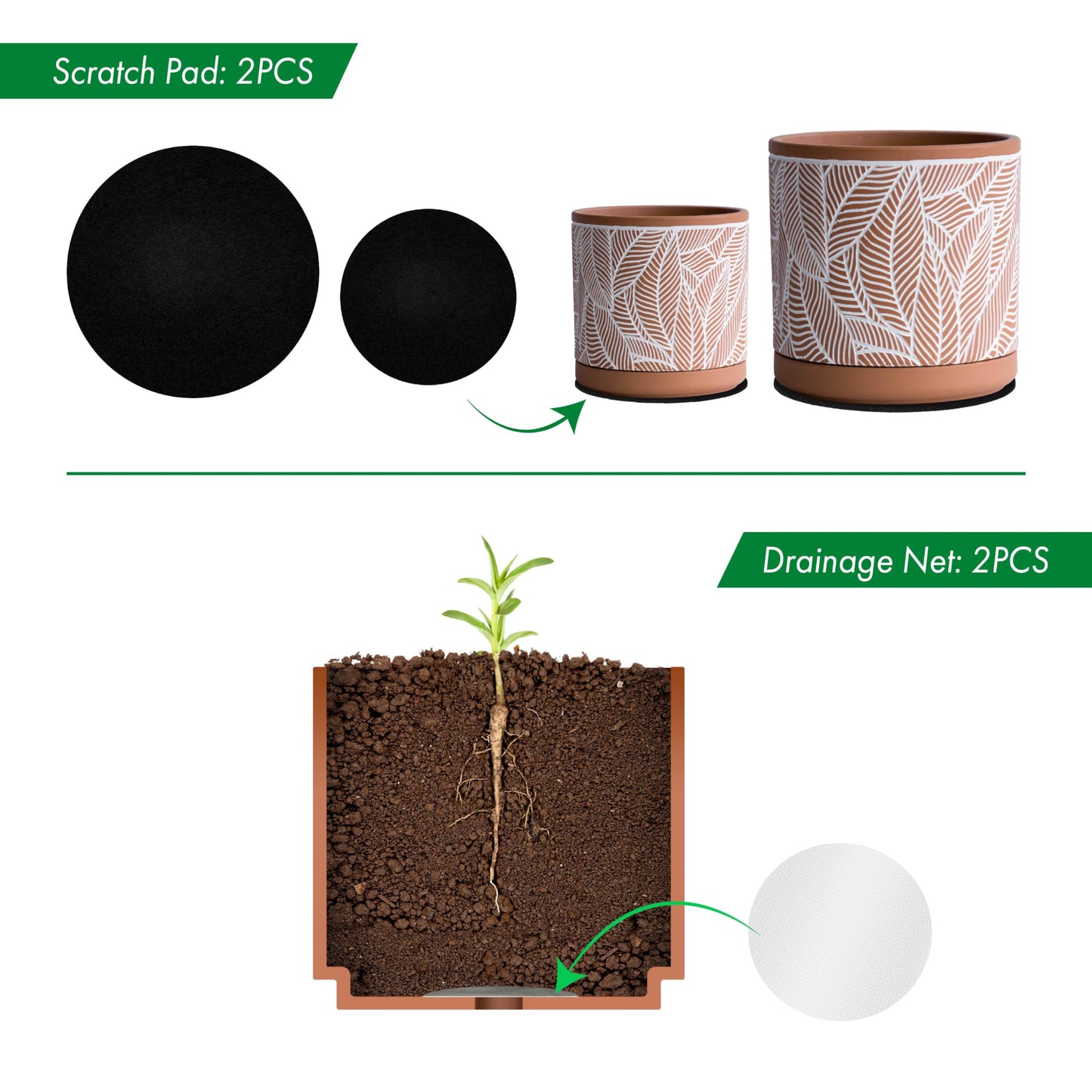D'vine Dev Set of 2 Terracotta Pots, Leaves Pattern Planter Pot, 4 Inch and 6 Inch, Pot with Drainage Hole and Saucer, Terracotta/White, 31-958-I-1