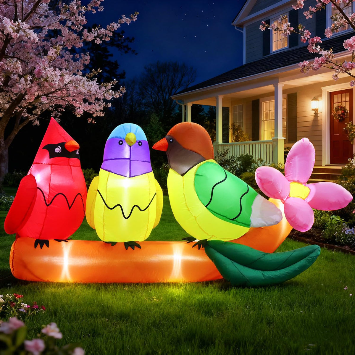 DomKom 8FT Long Inflatables Bird Gifts with Flower Outdoor Decoration, Blow Up Decoration, Built-in LED Lights Decor, Garden, Lawn, Yard, Patio,