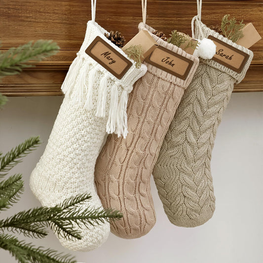 Farmhouse Personalized Knitted Christmas Stockings, 3 Packs 18 inche Knit Christmas Stockings, Rustic Farmhouse Boho Style Stocking Decorations for Family Holiday Season Decor, White & Beige