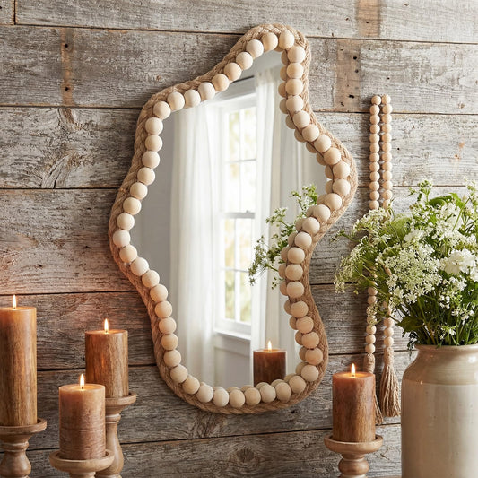 Fiwochic Boho Wall Decor Mirror 14"x9" Irregular Wall Mirror Small Farmhouse Rustic Decorative Wooden Bead Hanging Mirrors for Bedroom Living Room Vanity Entryway Over Sink Modern Home Decor