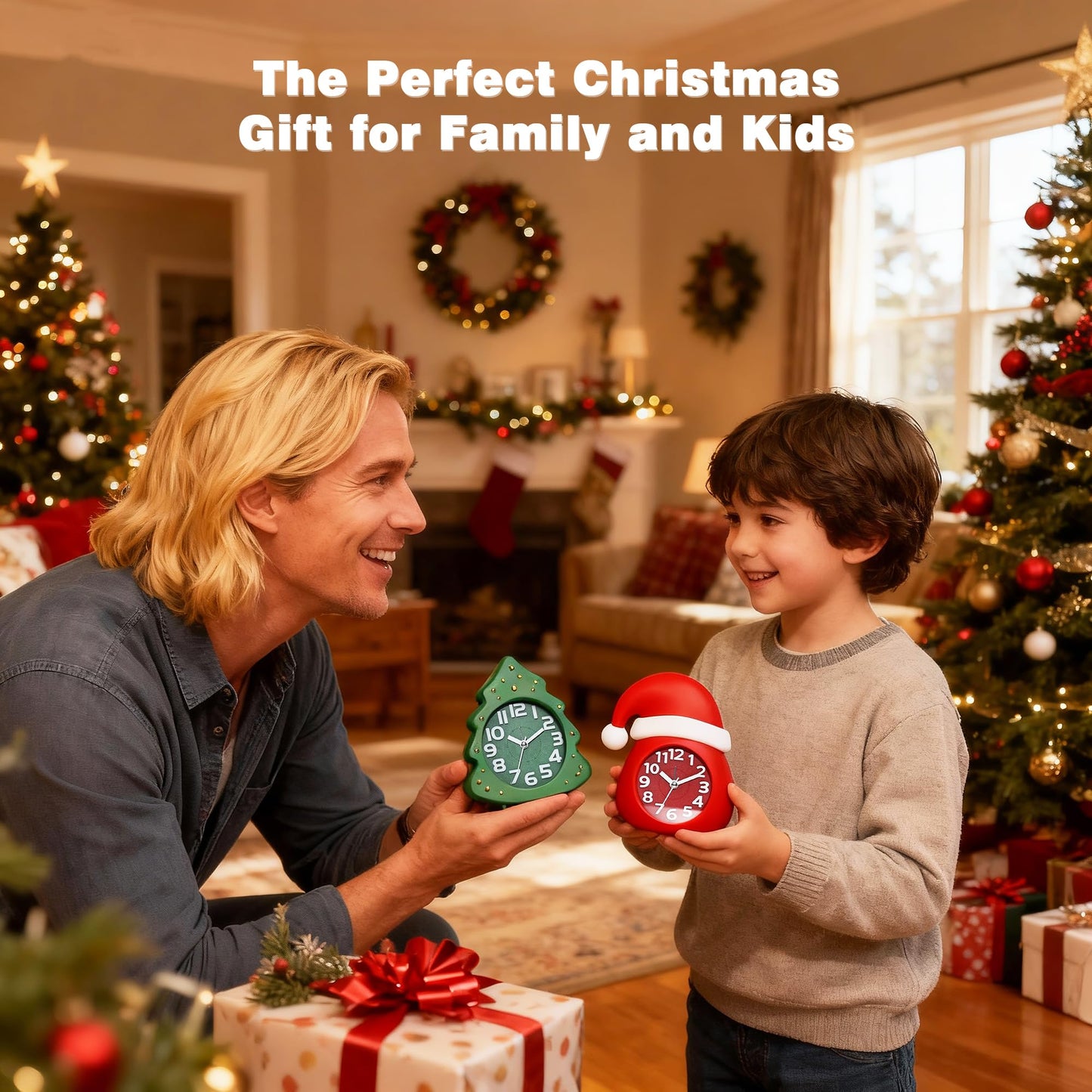 AYRELY® Christmas Alarm Clock Gift Set – 2 Silent Analog Clocks (Santa Hat & Christmas Tree), Ready-to-Gift Holiday Edition for Kids & Family, with Festive Gift Box