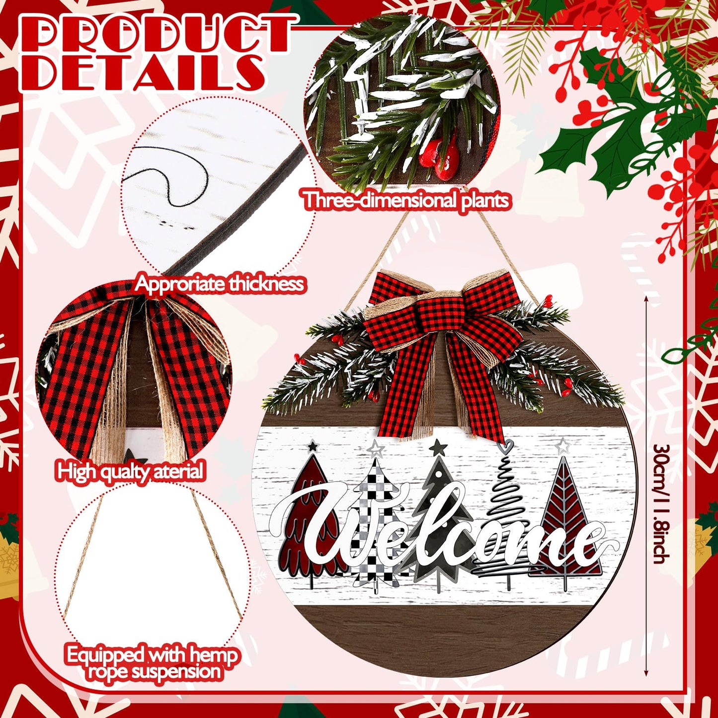 Boao Christmas Door Wreath Merry Christmas Welcome Hanging Wall Sign for Front Door 11.8'' Round Xmas Tree Winter Wreath Wooden Porch Sign with Bow Porch Farmhouse Home Wall Decor(Novel)