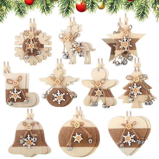 Soaoo 20 Pcs Rustic Christmas Wooden Ornament Set Farmhouse Reindeer Star Wood Ornaments Wood Christmas Tree Decorations with Burlap Rope Bell 10 Style Decorative Hanging Ornaments for Xmas Home Decor