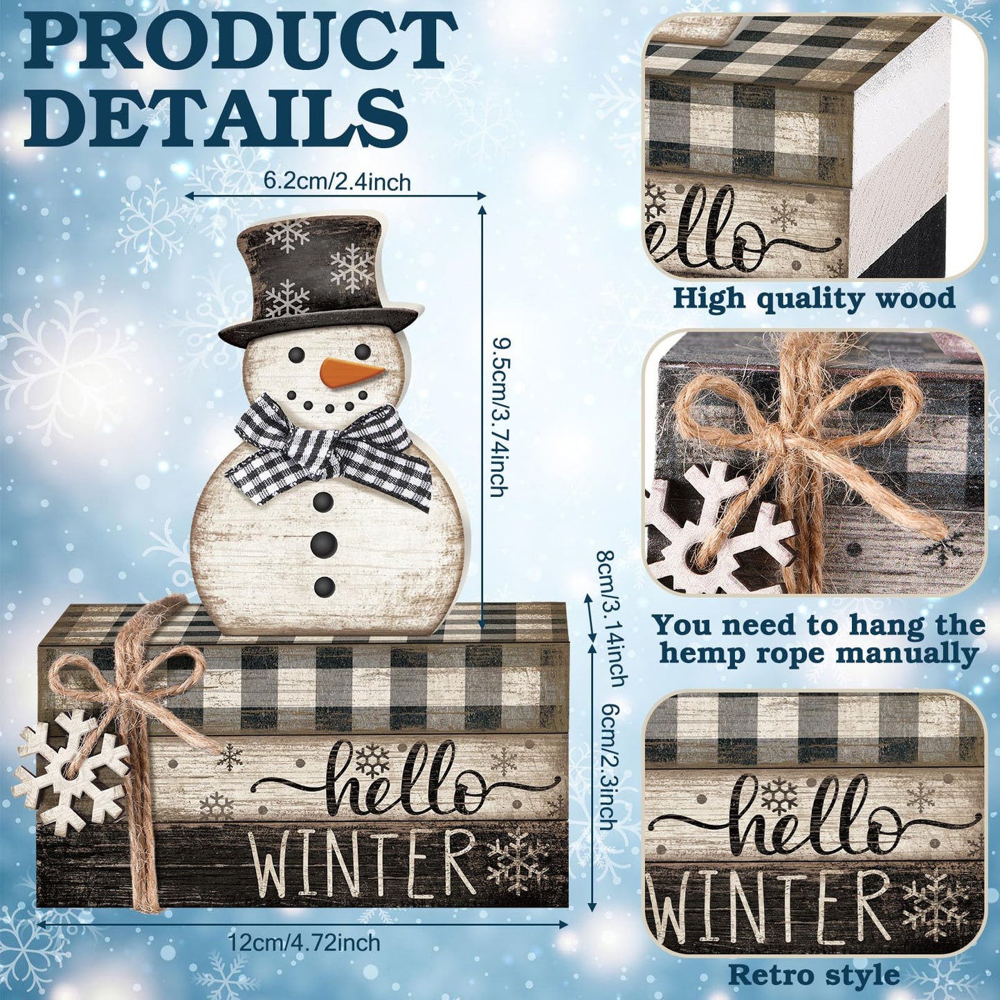 Anglechic 4 Pcs Winter Snowman Decor Hello Winter Table Decorations Christmas Tiered Tray Decor Centerpiece Indoor Rustic Wooden Snowman Block Sign Gift Farmhouse for Home Kitchen Shelf