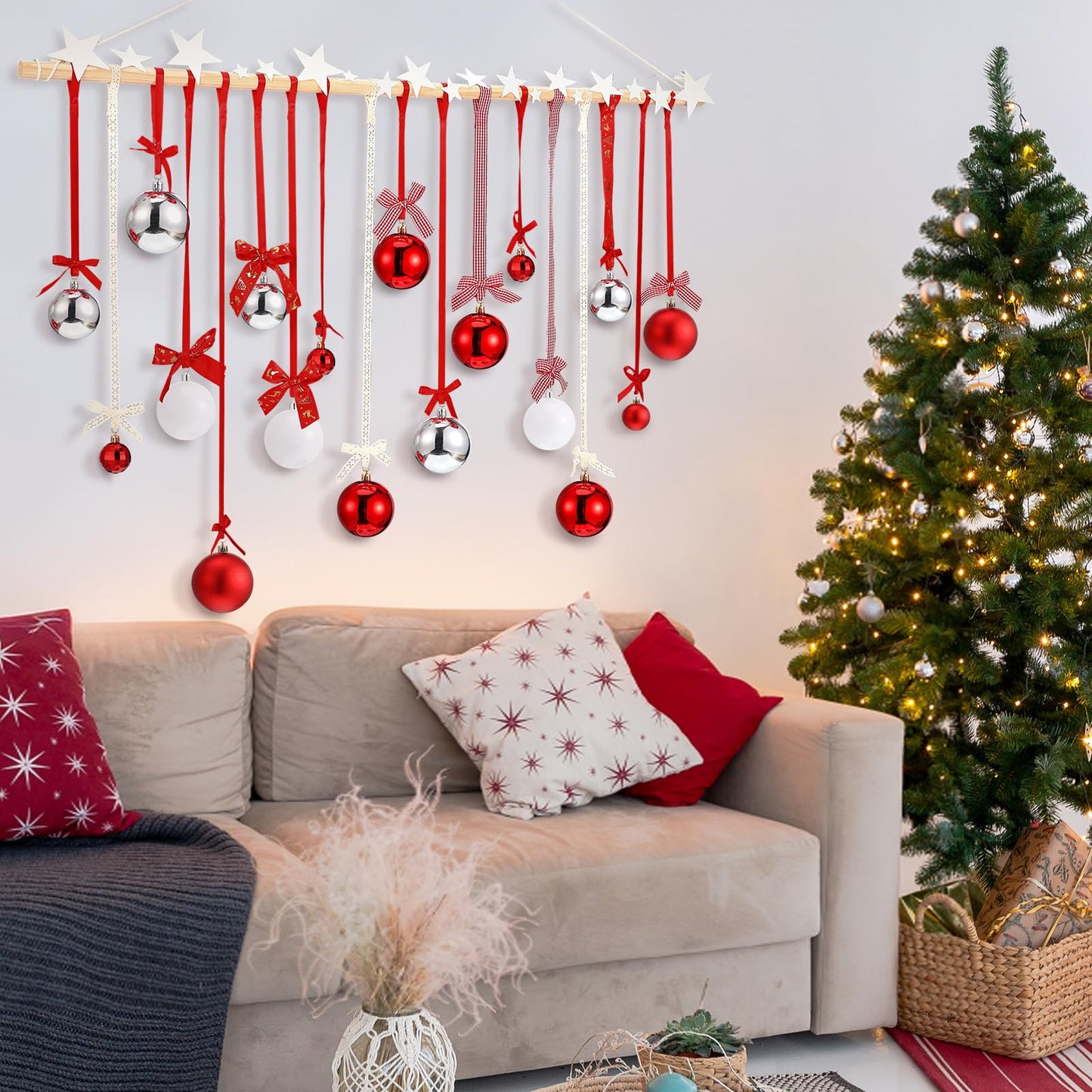 Suncalla 18 Pcs Christmas Wall Hanging Decor with Light Wooden Branch Christmas Plastic Balls Bow Xmas Wall Art for Home Ceiling Indoor Holiday Party Supplies Decor
