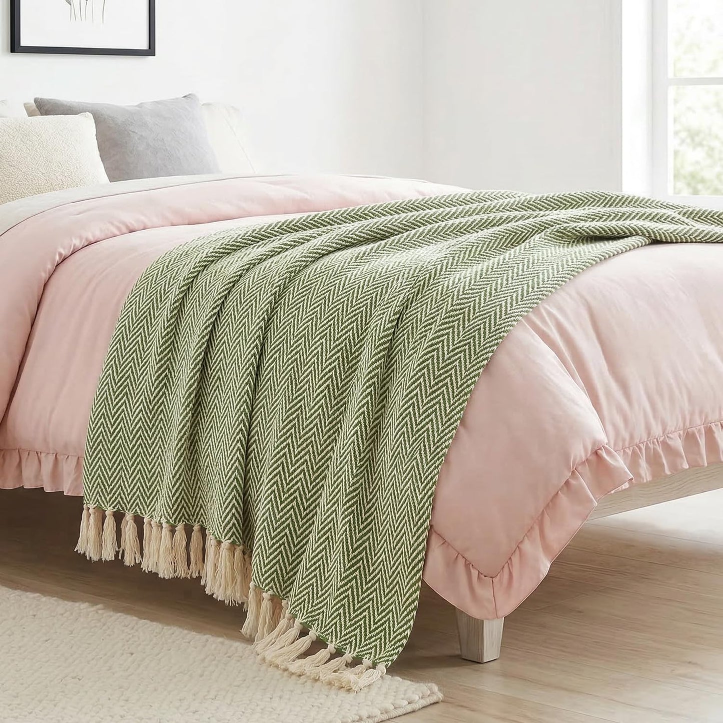 Americanflat 50x60 Throw Blanket - Soft and Breathable Cotton Throw Blanket for Couch, Bed, Chair - Decorative Blankets Perfect for Home, Office, or Outdoor Use - Sage and Beige Herringbone Design
