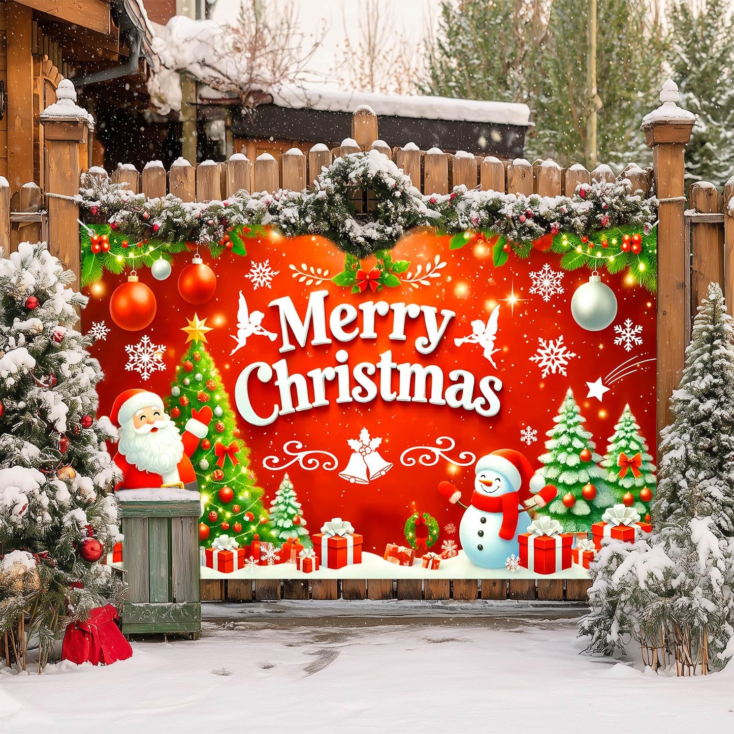BlissYard Merry Christmas Banner 71x43 Inch Santa Claus Snowman Christmas Tree Gift Box Red Backdrop for Indoor Outdoor Xmas Party Wall Decor Holiday Celebration Decorations