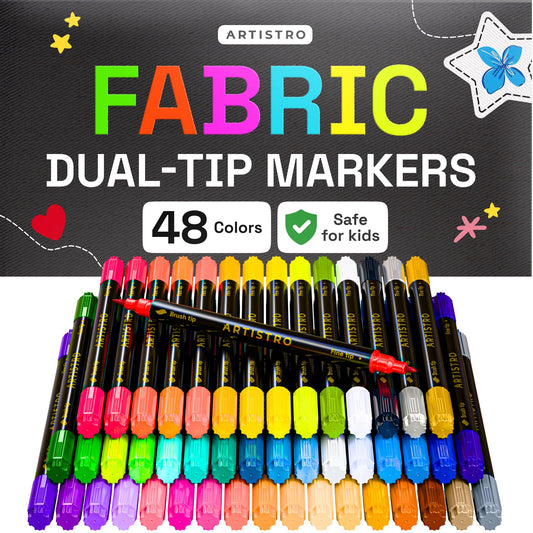 ARTISTRO 48 Dual-Tip Fabric Markers - Fabric Decorating Kit - Permanent for Clothes - Acrylic Paint Pens for Sneakers, Bags, Shoes, Textile, Canvas, Sewing, Craft, DIY - Brush and Fine Tip