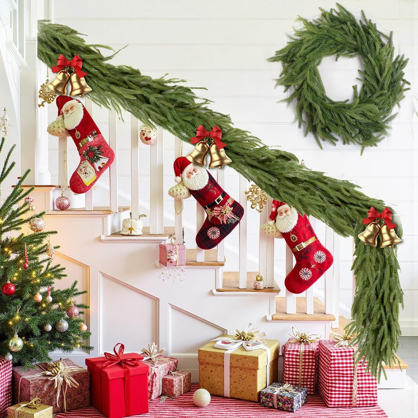Findosom 6Ft Christmas Norfolk Pine Garland, Real Touch Artificial Winter Green Pine Garland for Mantle, Wall, Fireplace, Stairs, Table, Indoor & Outdoor Christmas Decorations