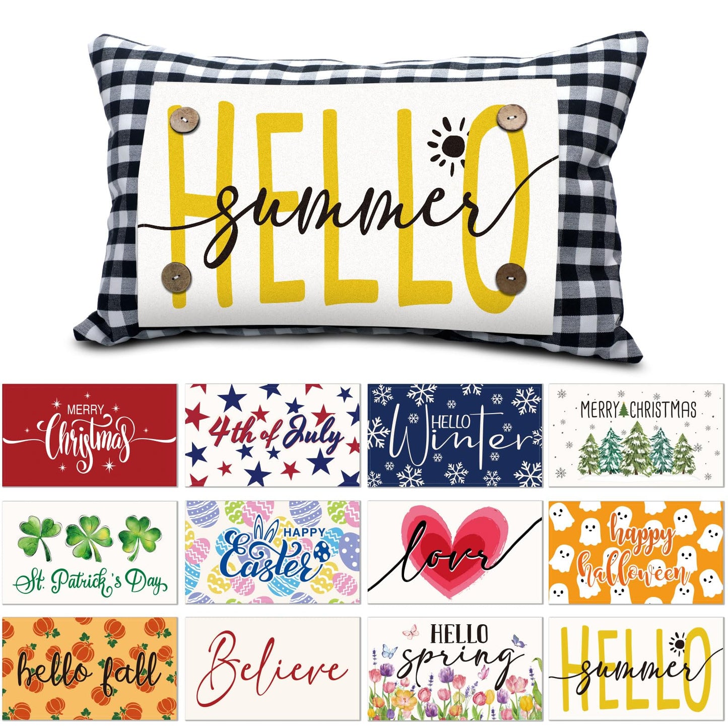 Hahafelt Seasonal Holiday Throw Pillow Cover with 12 Interchangeable Pillow Panels 250th Anniversary 4th of July Pillowcase Summer Rectangle Canva Lumbar for Home Decoration(Black and White Checkered)