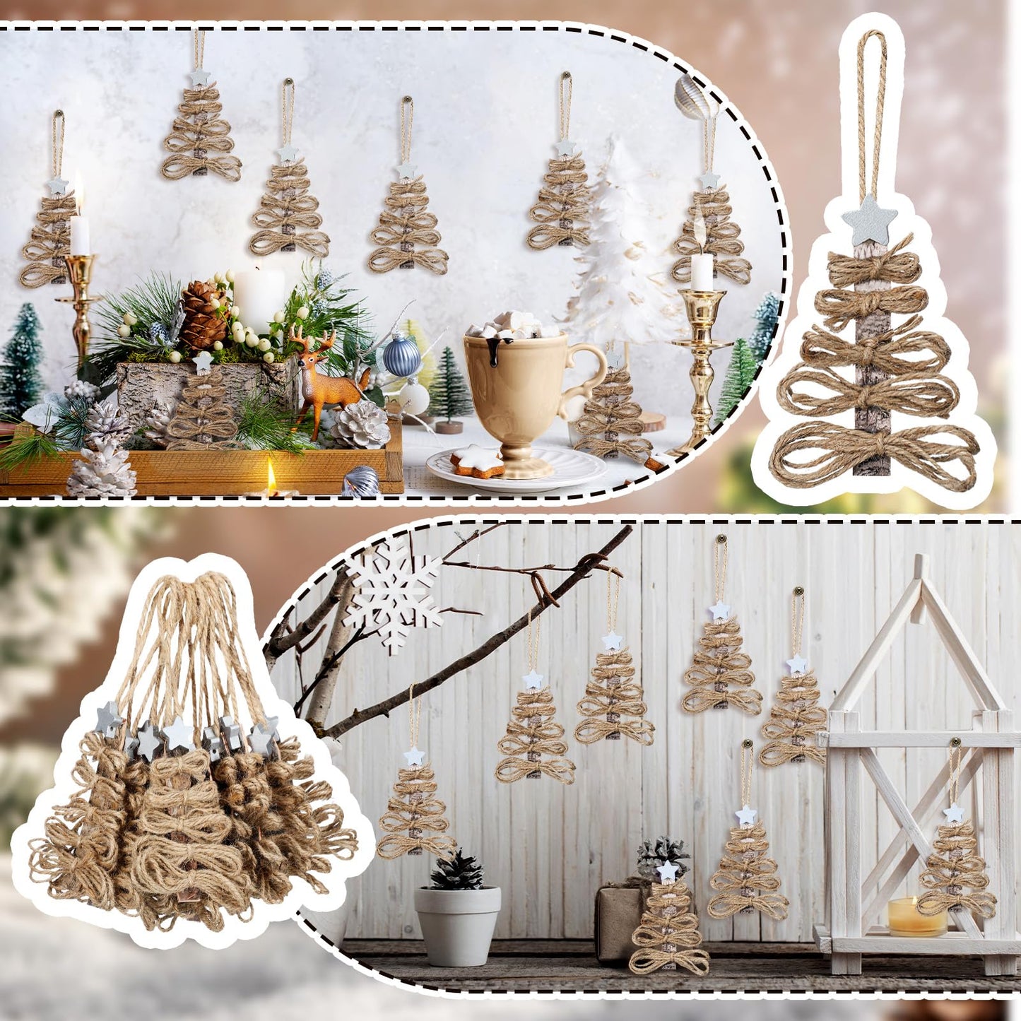 Soulchen 12 Pieces Twine Christmas Tree Ornaments Funny Farmhouse Christmas Tree Ornaments Rustic Xmas Decorations Natural Jute Hanging Decors for Xmas Party DIY Crafts Home Decor