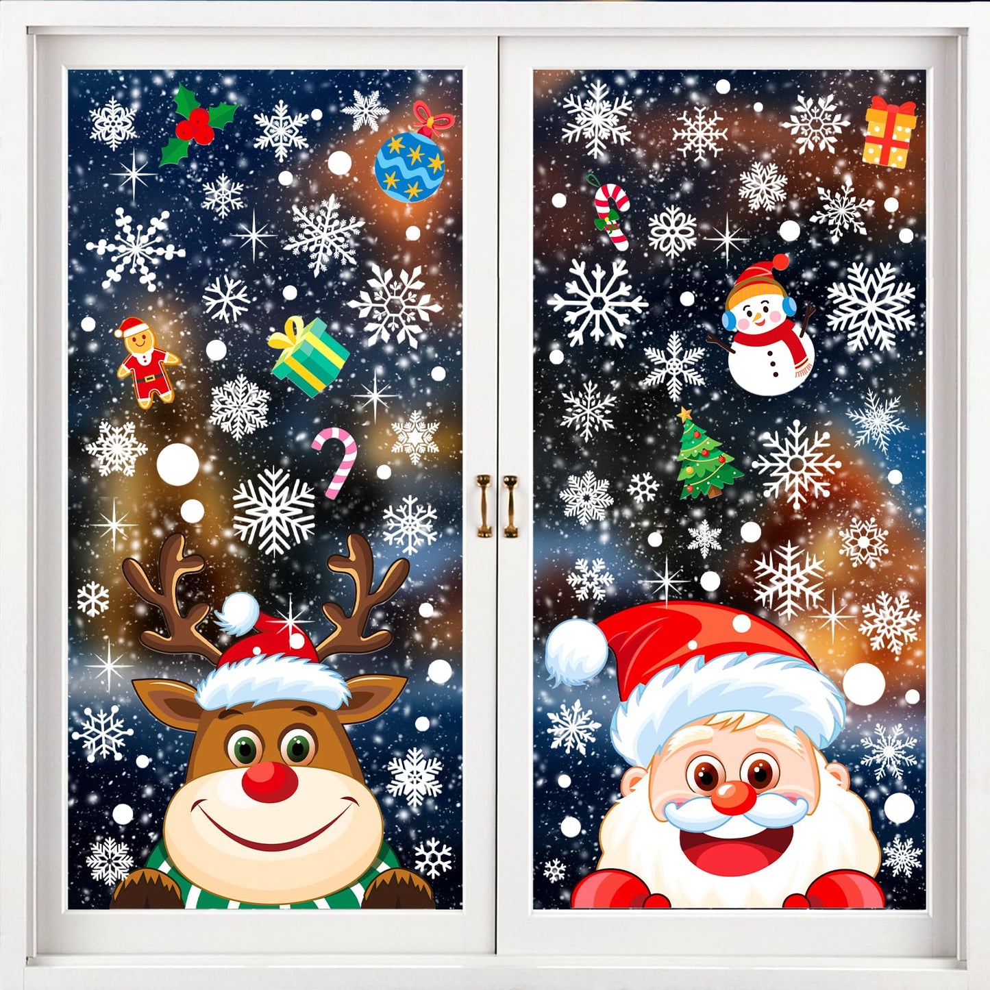 AOWDIAO Christmas Window Clings - 145 Pcs Xmas Glass Stickers, Santa, Snowflakes, Reindeer, Snowman - Winter Holiday Window Decorations for Festive Spirit