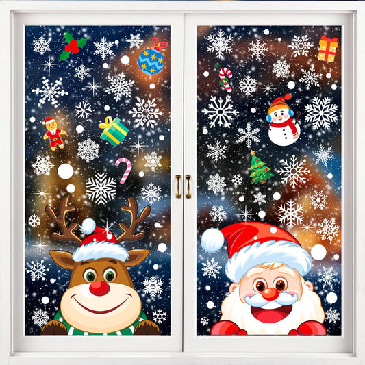 AOWDIAO Christmas Window Clings - 145 Pcs Xmas Glass Stickers, Santa, Snowflakes, Reindeer, Snowman - Winter Holiday Window Decorations for Festive Spirit