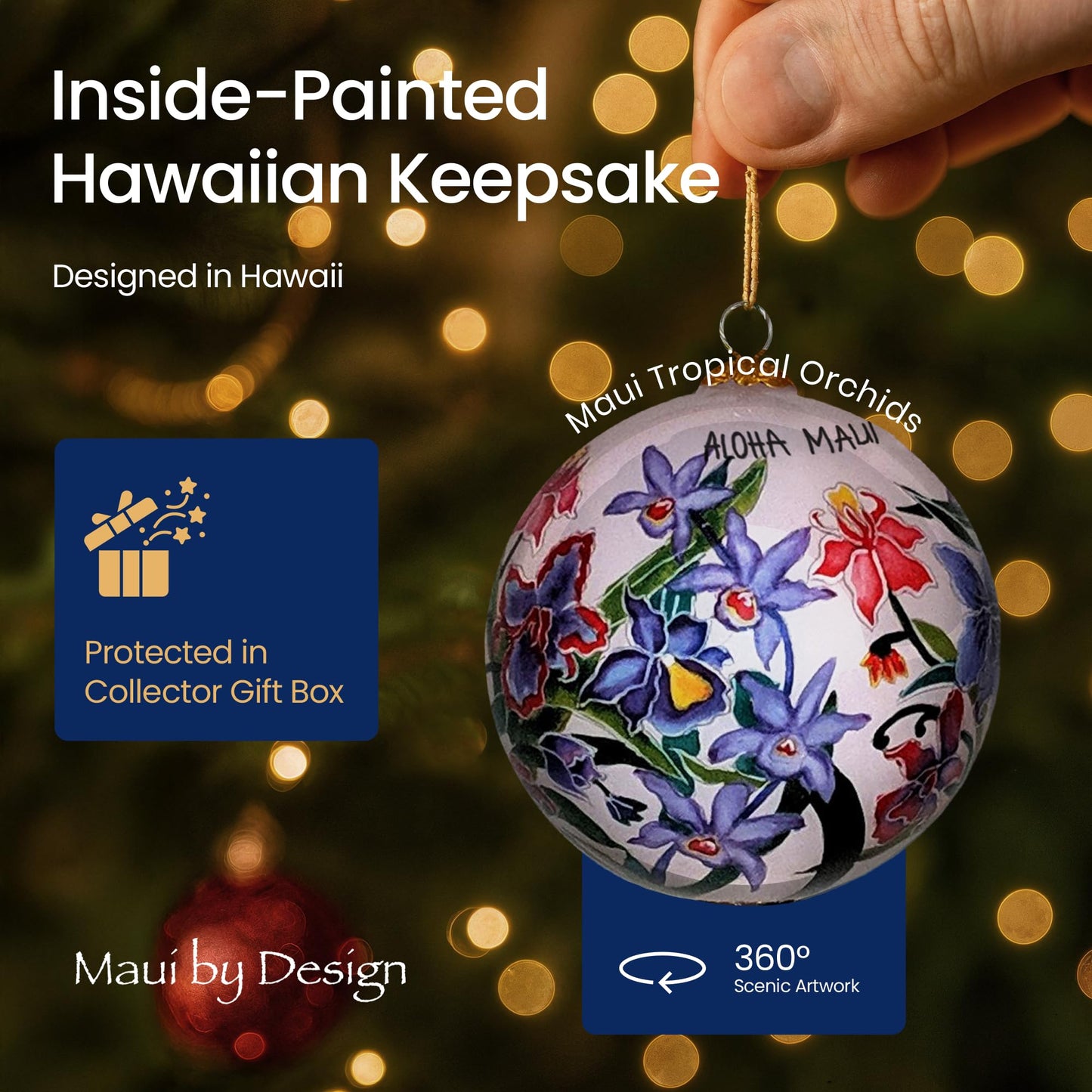 Collectible Hawaiian Orchids Ornament Hand-Painted Glass with Protective Gift Box POR/M