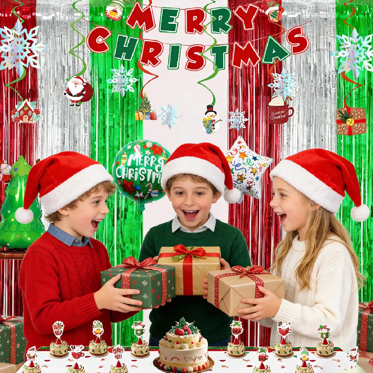 Christmas Party Decorations Set, Merry Christmas Banner, Multicolor Fringe Curtains, Xmas Tree Deer Tablecloth, Santa Cake Topper, Foil Balloons, Snowman Hanging Snowflakes Swirls