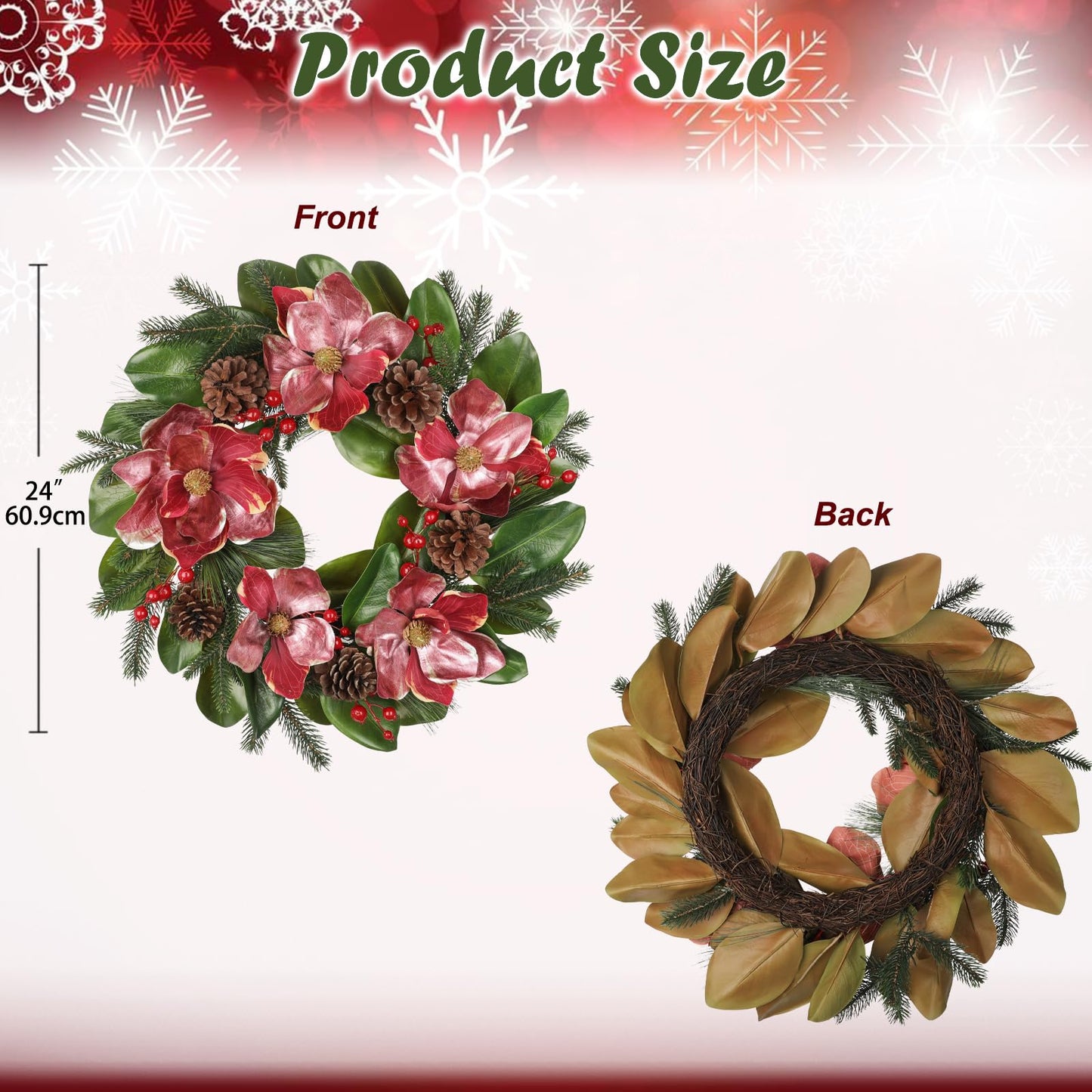 Briful 24in Christmas Magnolia Flower Wreath for Front Door Artificial Red Magnolia Floral Wreath with Pine Cones Berries Outdoor Christmas Wreath for Xmas Home Room Wall Window Mantle Decor