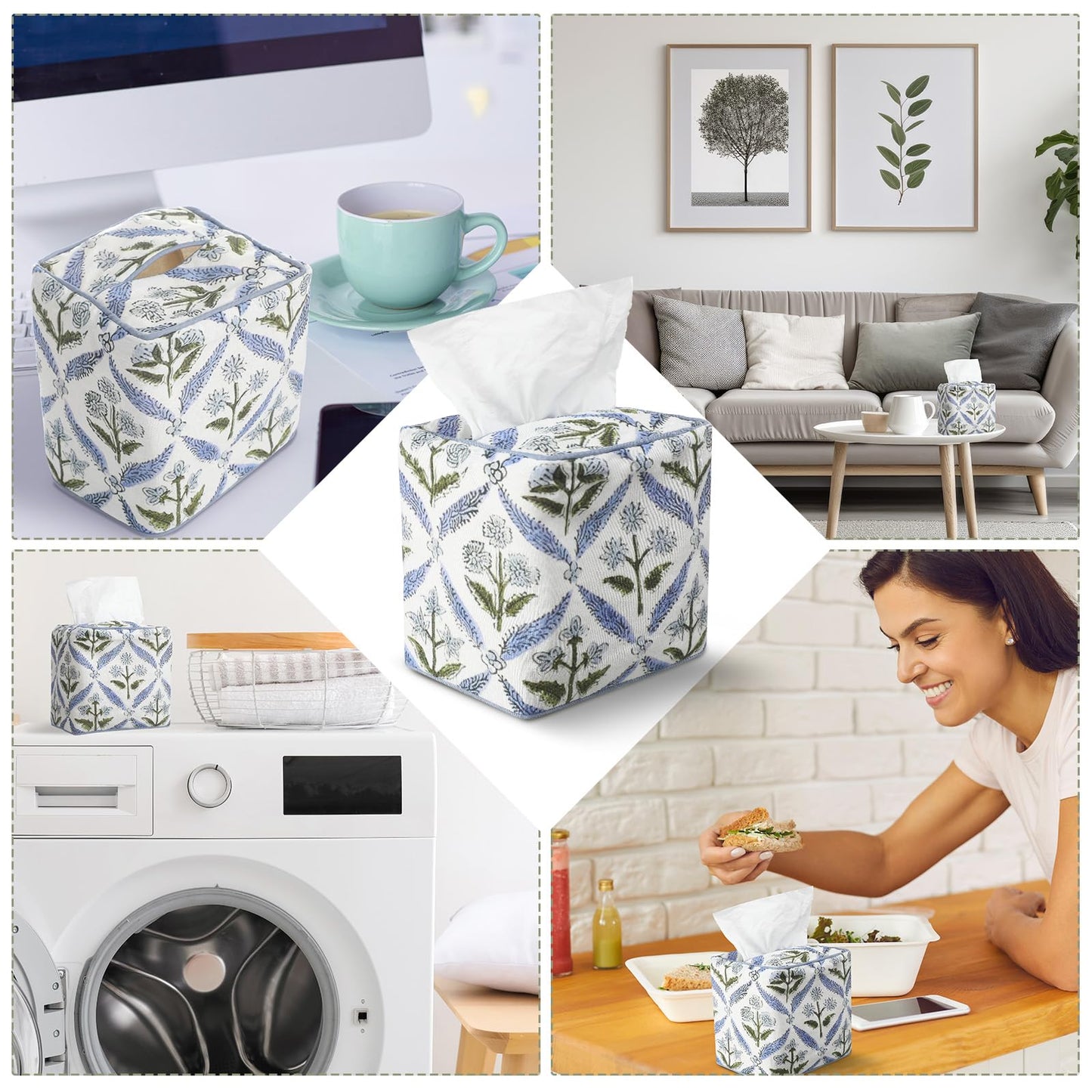 Mimorou Blue Fabric Tissue Box Cover - Floral Print Tissue Box & Decorative Square Napkin Holder Handmade Cotton for Home Bedroom Vanity Countertop Night Stands Office