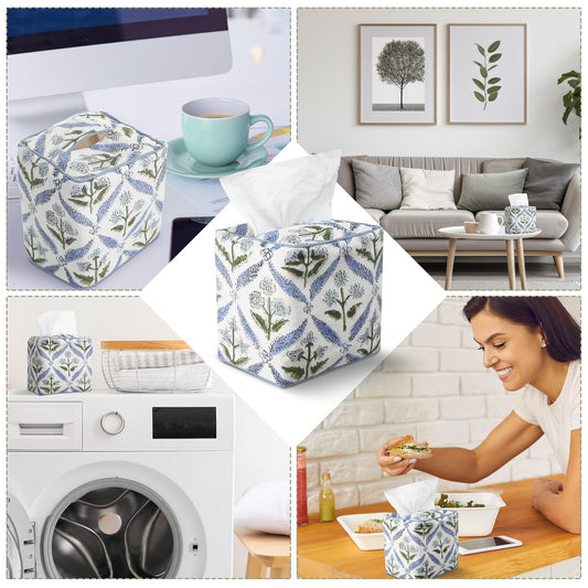 Mimorou Blue Fabric Tissue Box Cover - Floral Print Tissue Box & Decorative Square Napkin Holder Handmade Cotton for Home Bedroom Vanity Countertop Night Stands Office